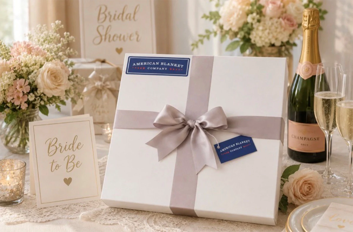 Best Gift Blankets of 2026, White gift box with silver ribbon at bridal shower event by American Blanket Company