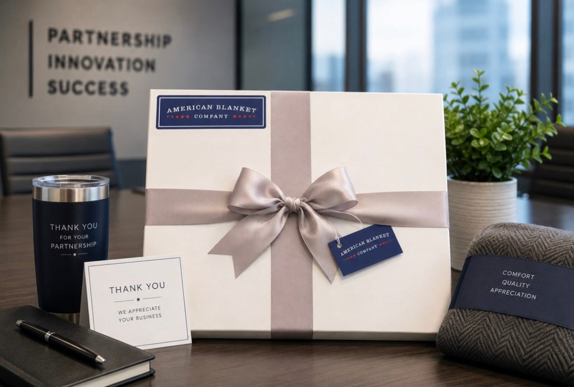 Gift box packaging for American Blanket Company’s corporate gifts. White gift box with silver ribbon and branded gift hang tag