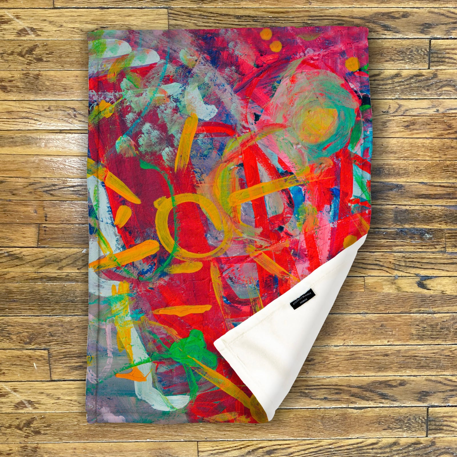 American Blanket Company - Luster Loft Fleece Blankets - Custom Printed Fleece Blankets - Abstract art print on a white blanket laid out on a white background display as an example