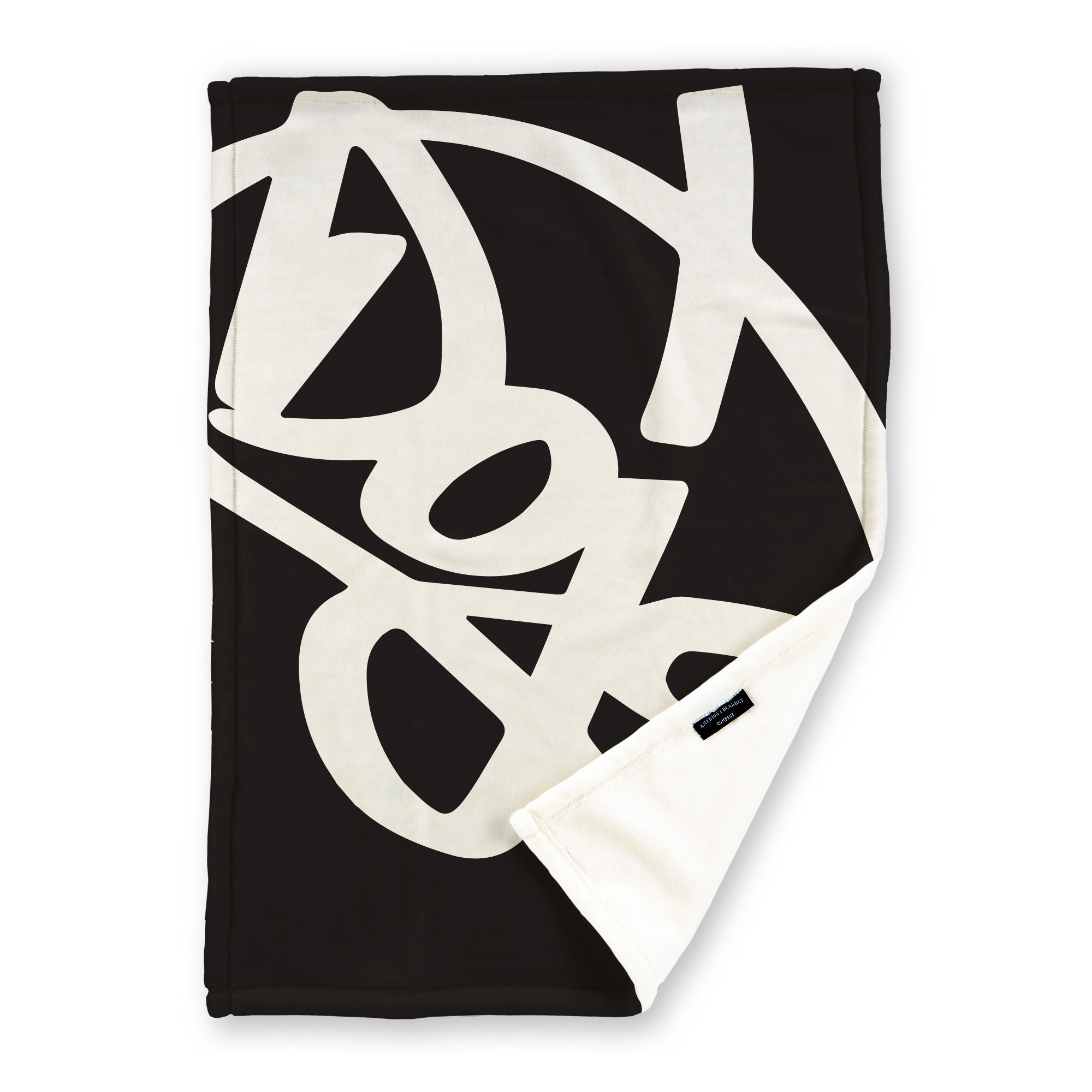 American Blanket Company - Luster Loft Fleece Blankets - Custom Printed Fleece Blankets - Black fleece blanket with white abstract pattern on a white background