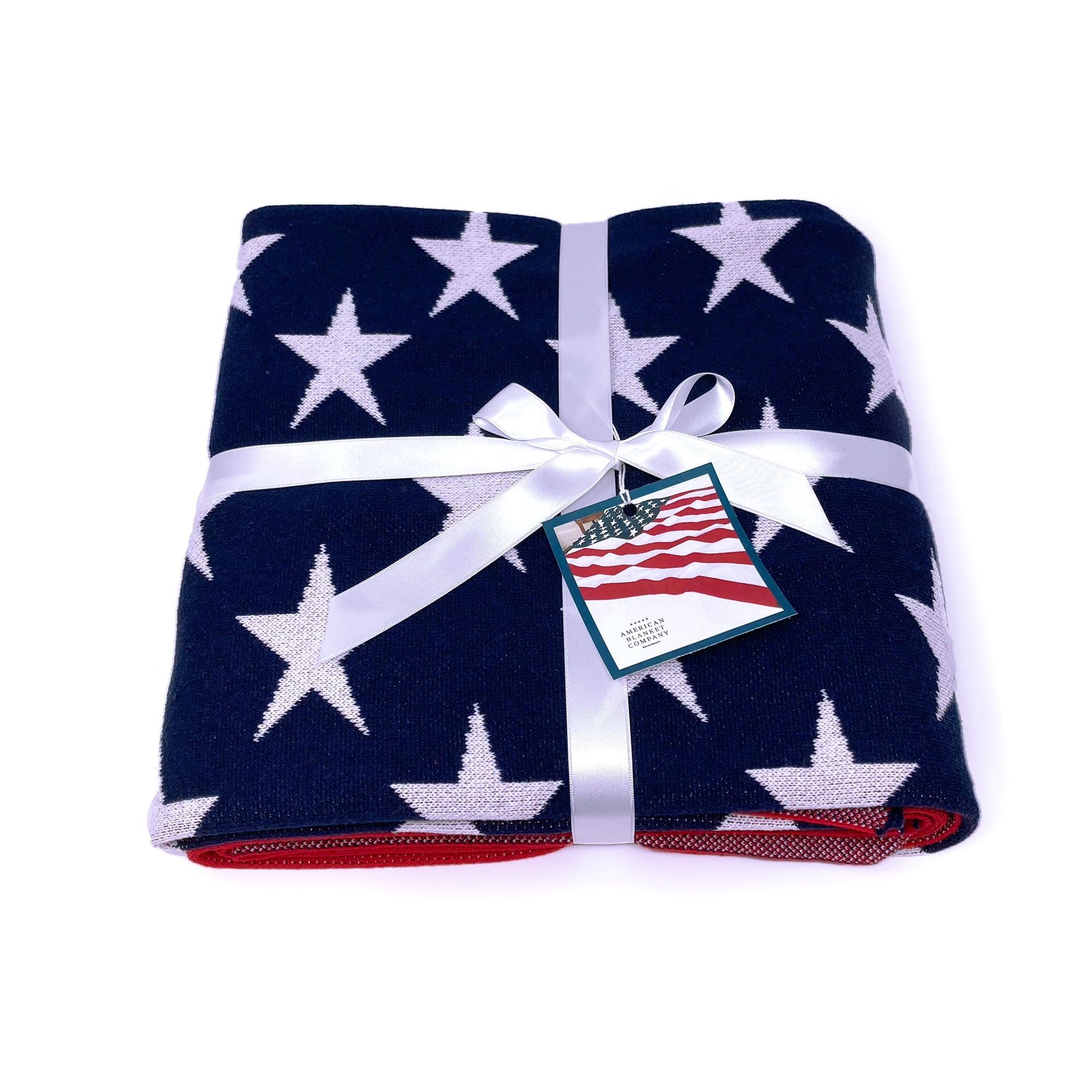 AMERICAN BLANKET COMPANY - KNITTED FLAG BLANKETS - Folded with ribbon and hangtag - 50% Cotton 50% polyester