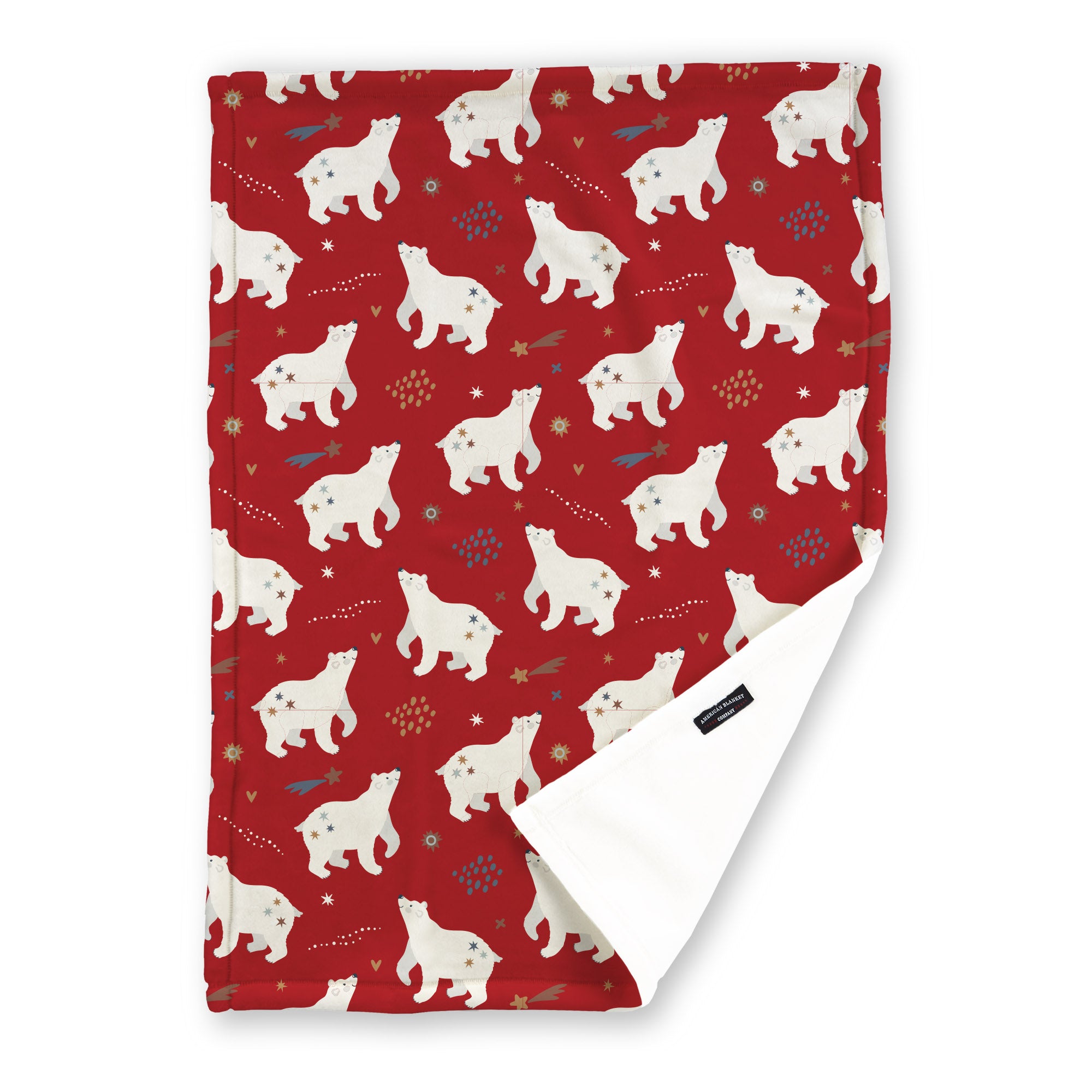 American Blanket Company - Luster Loft Fleece Blanket - Printed Holiday Patterned Throw Blanket - A red fleece throw blanket with a holiday pattern featuring white polar bears and colorful dots.
