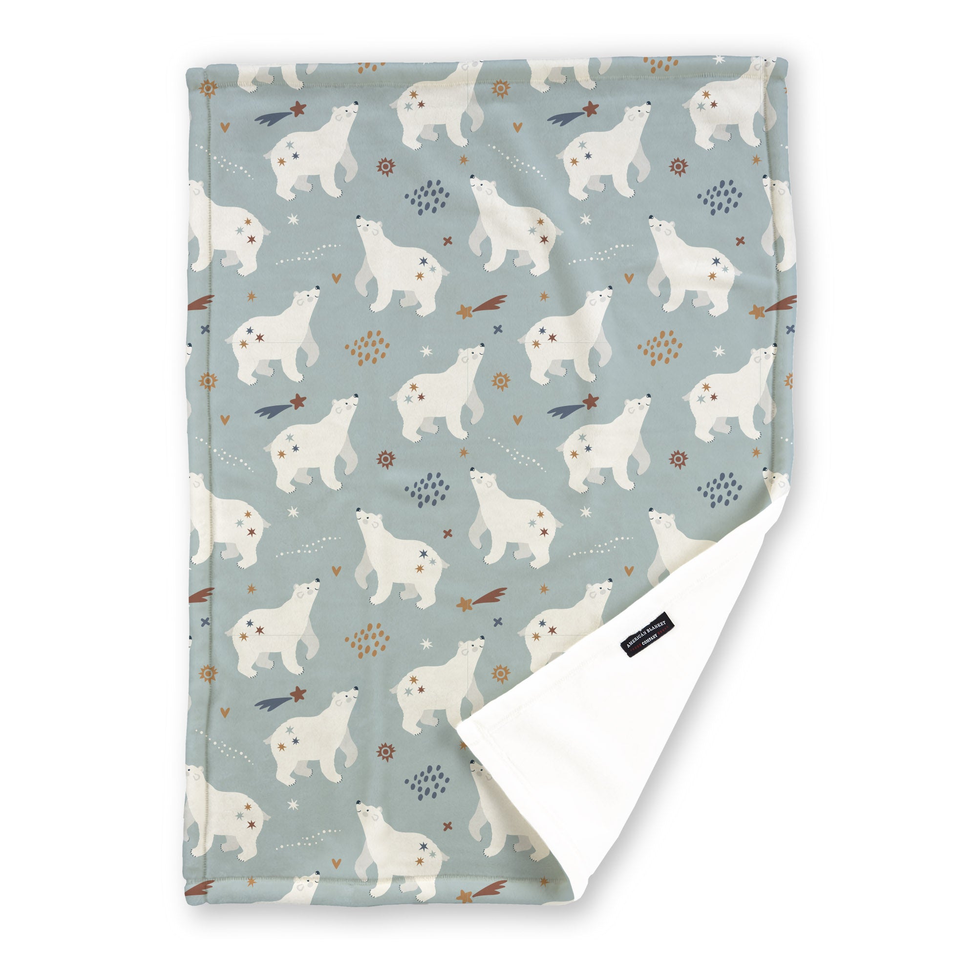 American Blanket Company - Luster Loft Fleece Blanket - Printed Holiday Patterned Throw Blanket - A blue fleece throw blanket with a holiday pattern featuring white polar bears and colorful dots.