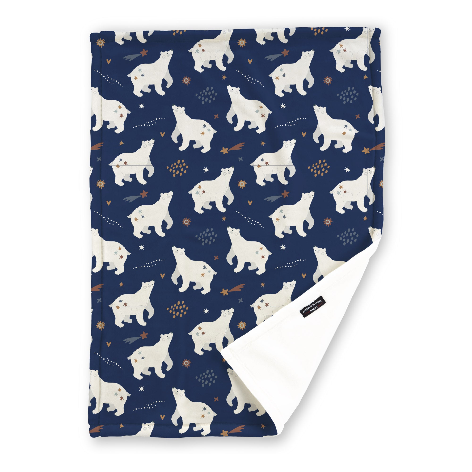 American Blanket Company - Luster Loft Fleece Blanket - Printed Holiday Patterned Throw Blanket - A navy blue fleece throw blanket with a holiday pattern featuring white polar bears and colorful dots.