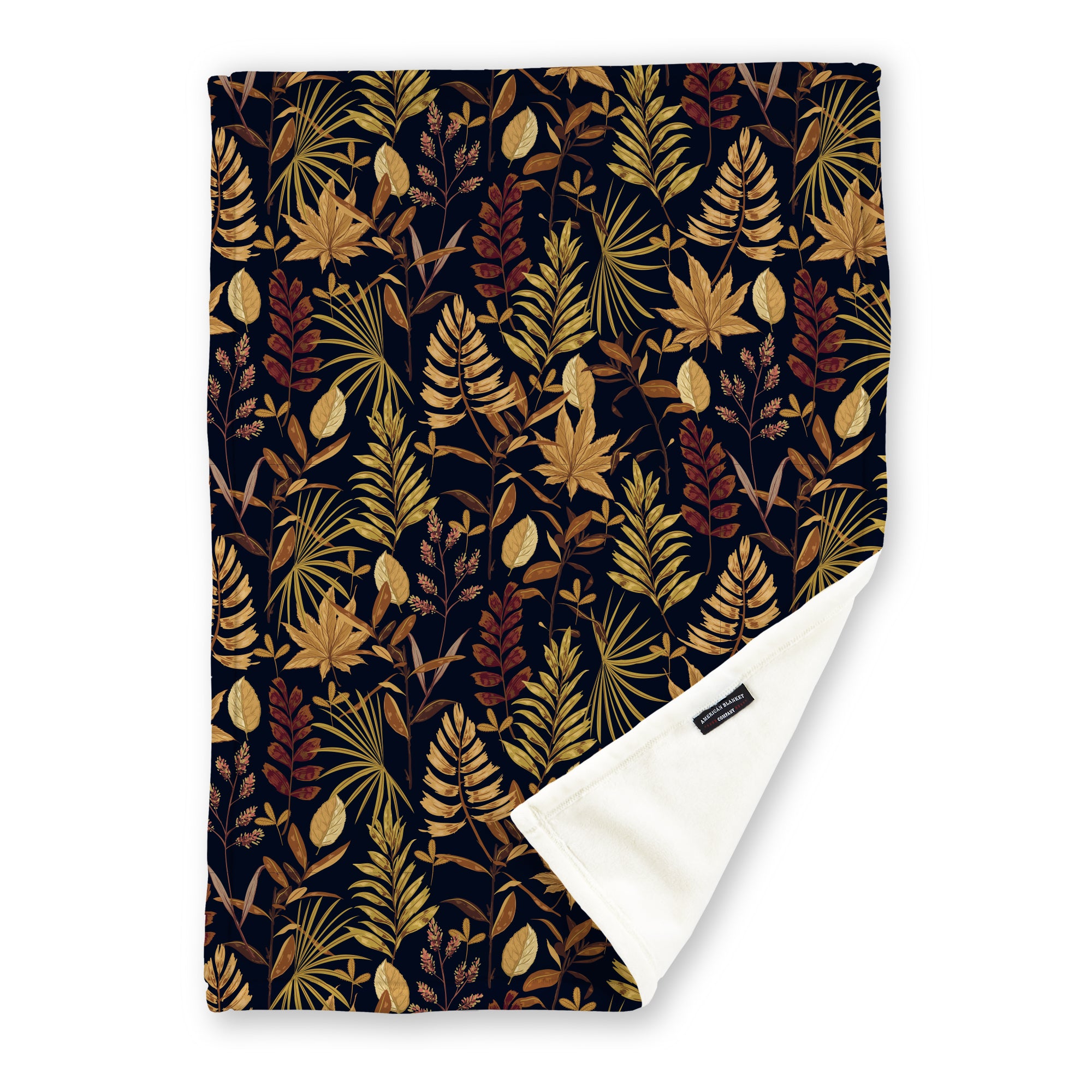 American Blanket Company - Luster Loft Fleece Blanket - Printed Fall Patterned Throw Blanket - A fleece throw blanket with a fall-themed printed pattern on a dark background, folded to show the reverse side.