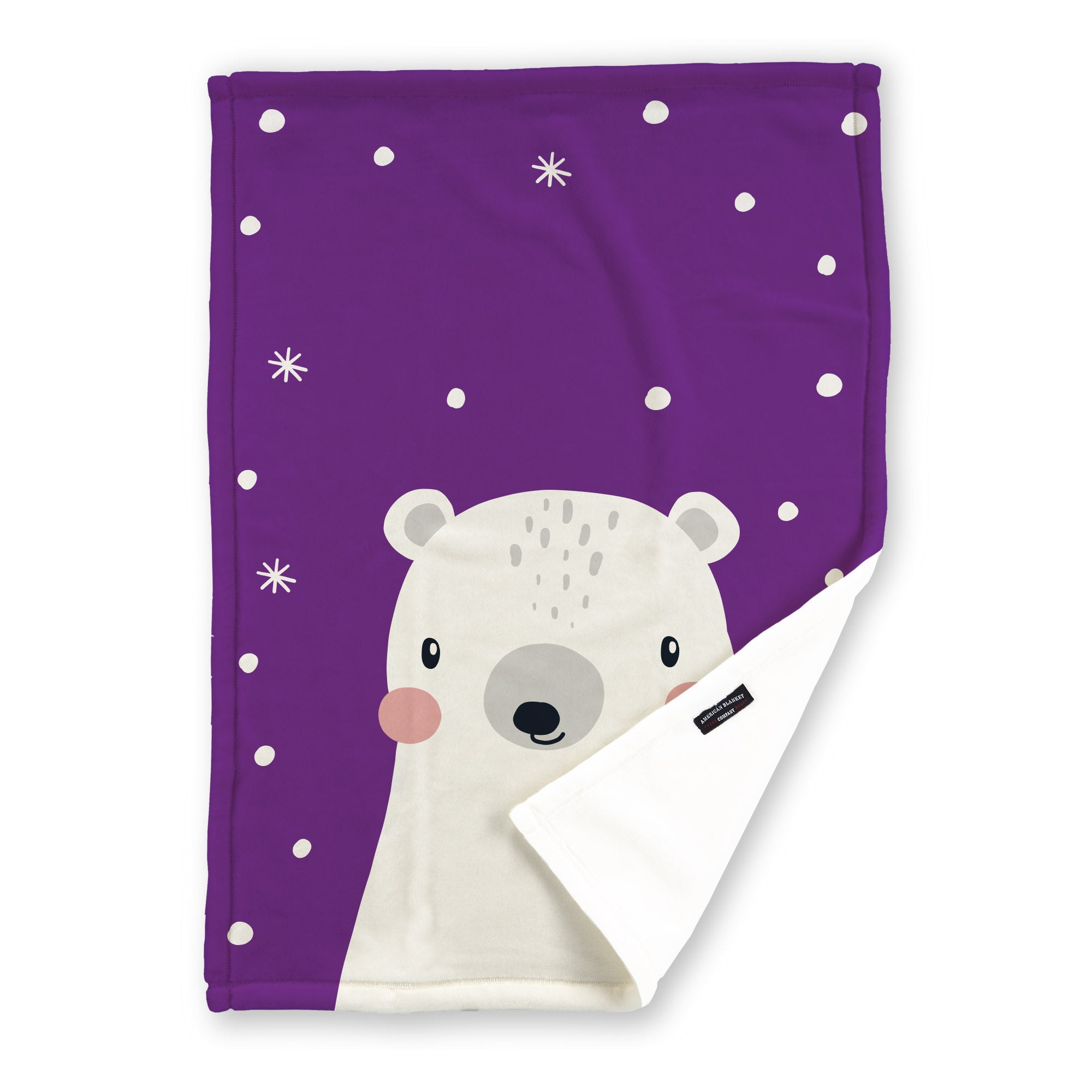 American Blanket Company - Luster Loft Fleece Blankets - Printed Holiday Critter Blankets - A festive purple fleece throw blanket featuring a white polar bear with snowflake decorations and a personalizable name space.