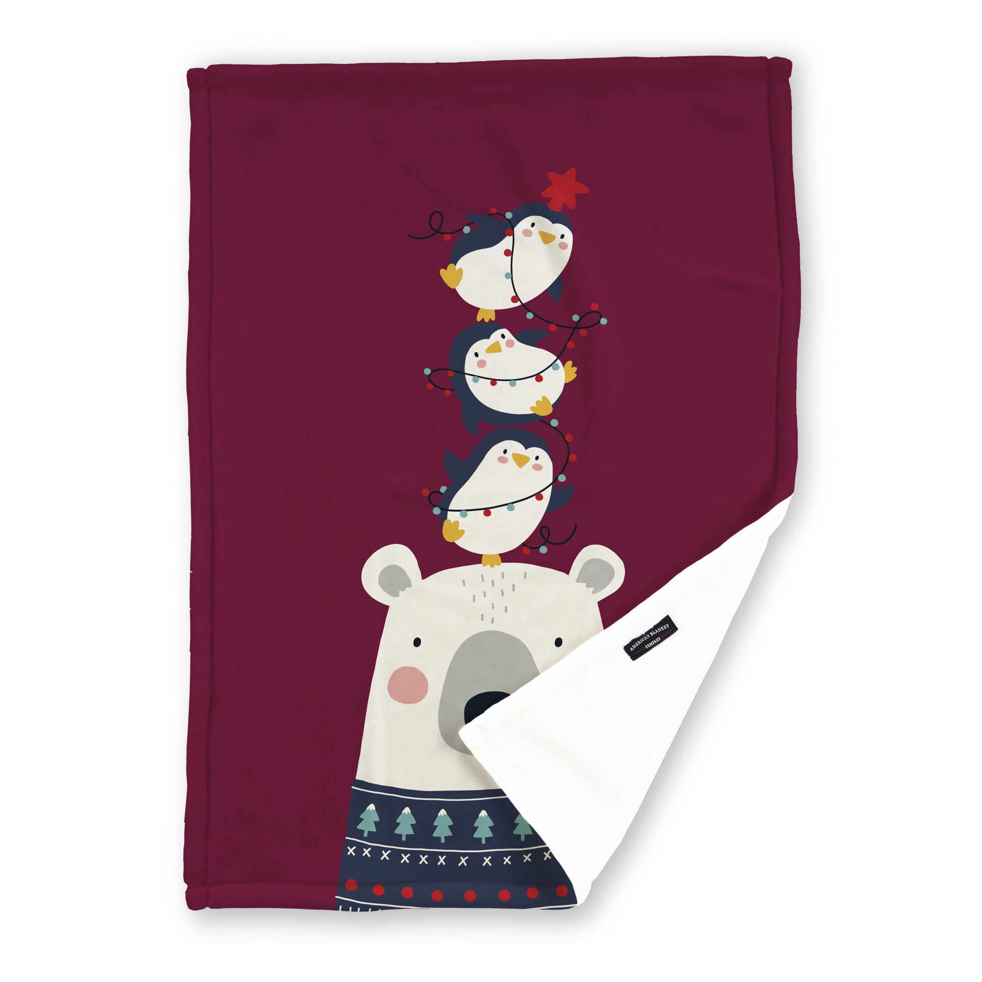 American Blanket Company - Luster Loft Fleece Blankets - Printed Holiday Critter Blankets - Festive wine red blanket  featuring a penguins on the head of a polar bear in a sweater with a  space for a personalized name.