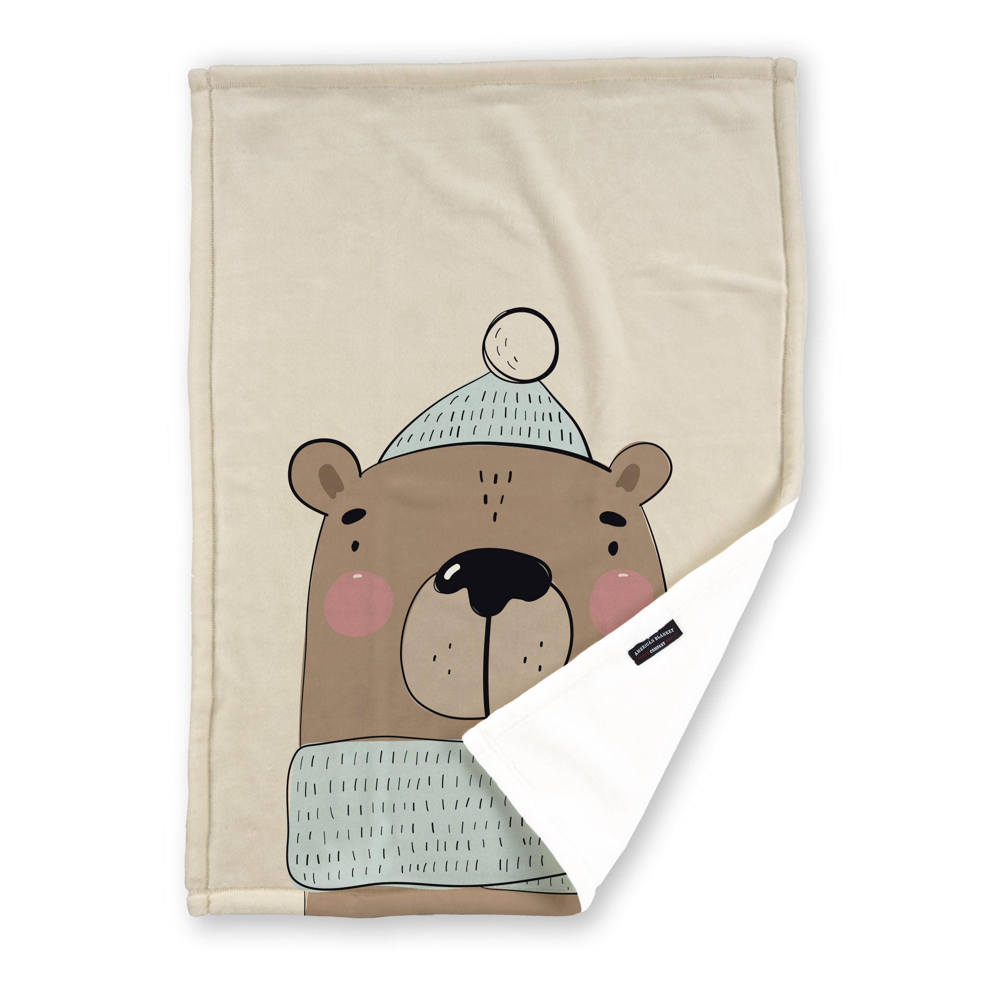 American Blanket Company - Luster Loft Fleece Blankets - Printed Holiday Critter Blankets - Festive beige blanket  featuring a brown bear with a scarf and a space for a personalized name.