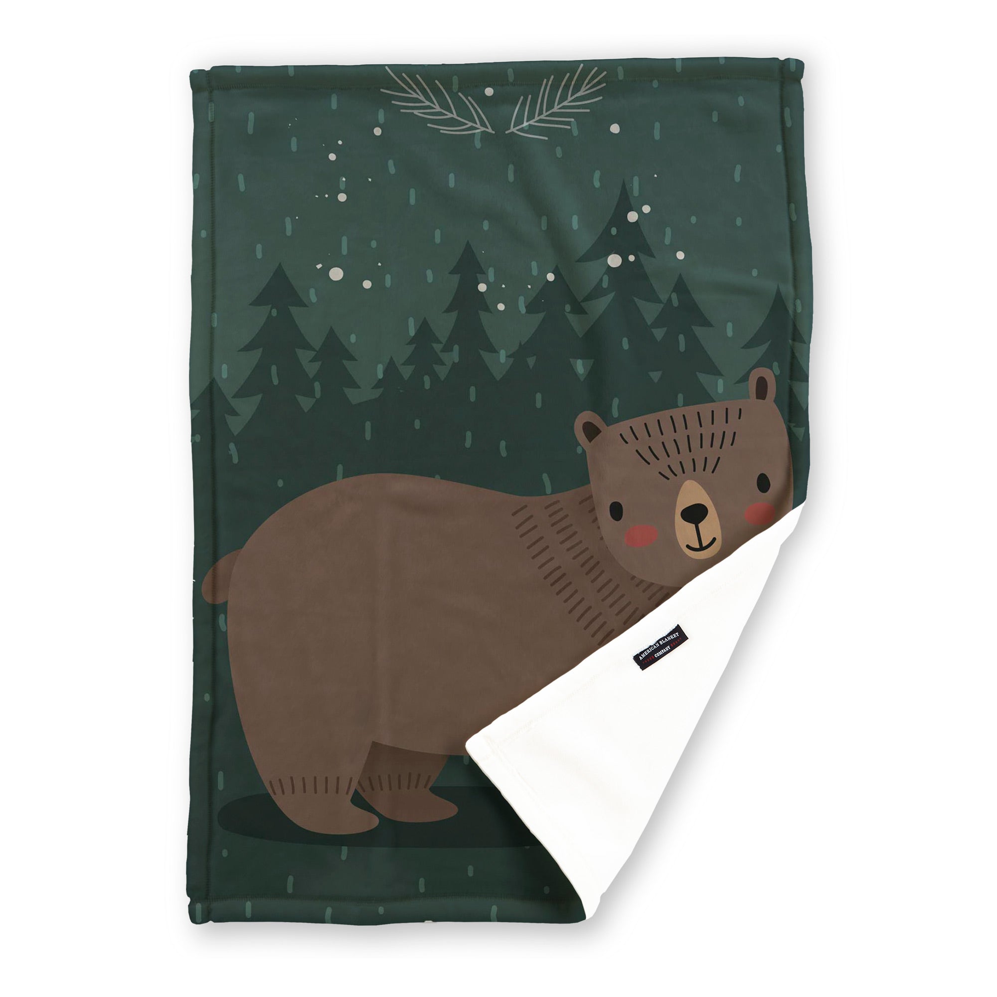 American Blanket Company - Luster Loft Fleece Blankets - Printed Holiday Critter Blankets - Festive green blanket  featuring a brown bear and a space for a personalized name.