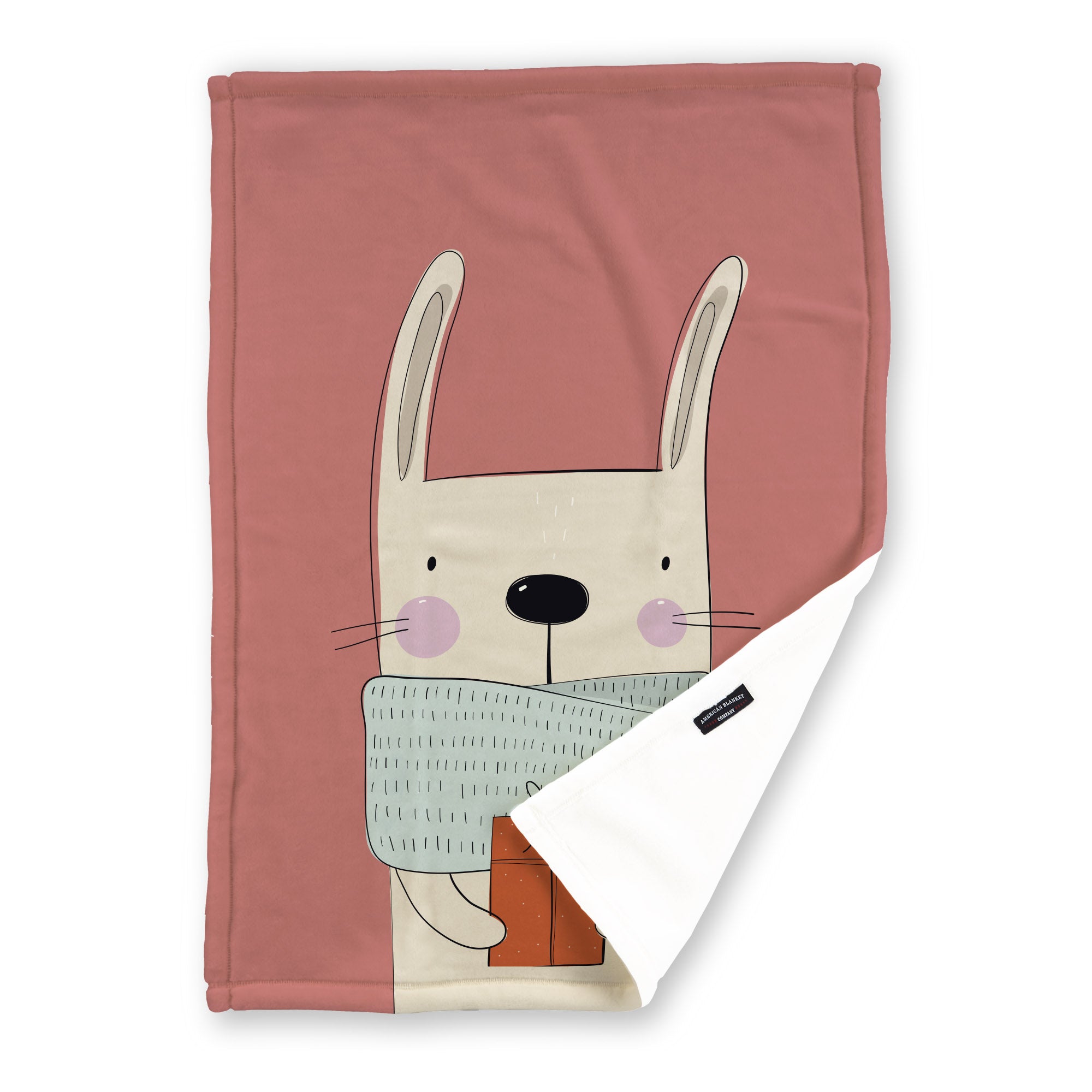 American Blanket Company - Luster Loft Fleece Blankets - Printed Holiday Critter Blankets - Festive pink blanket  featuring a bunny with a scarf and a space for a personalized name.