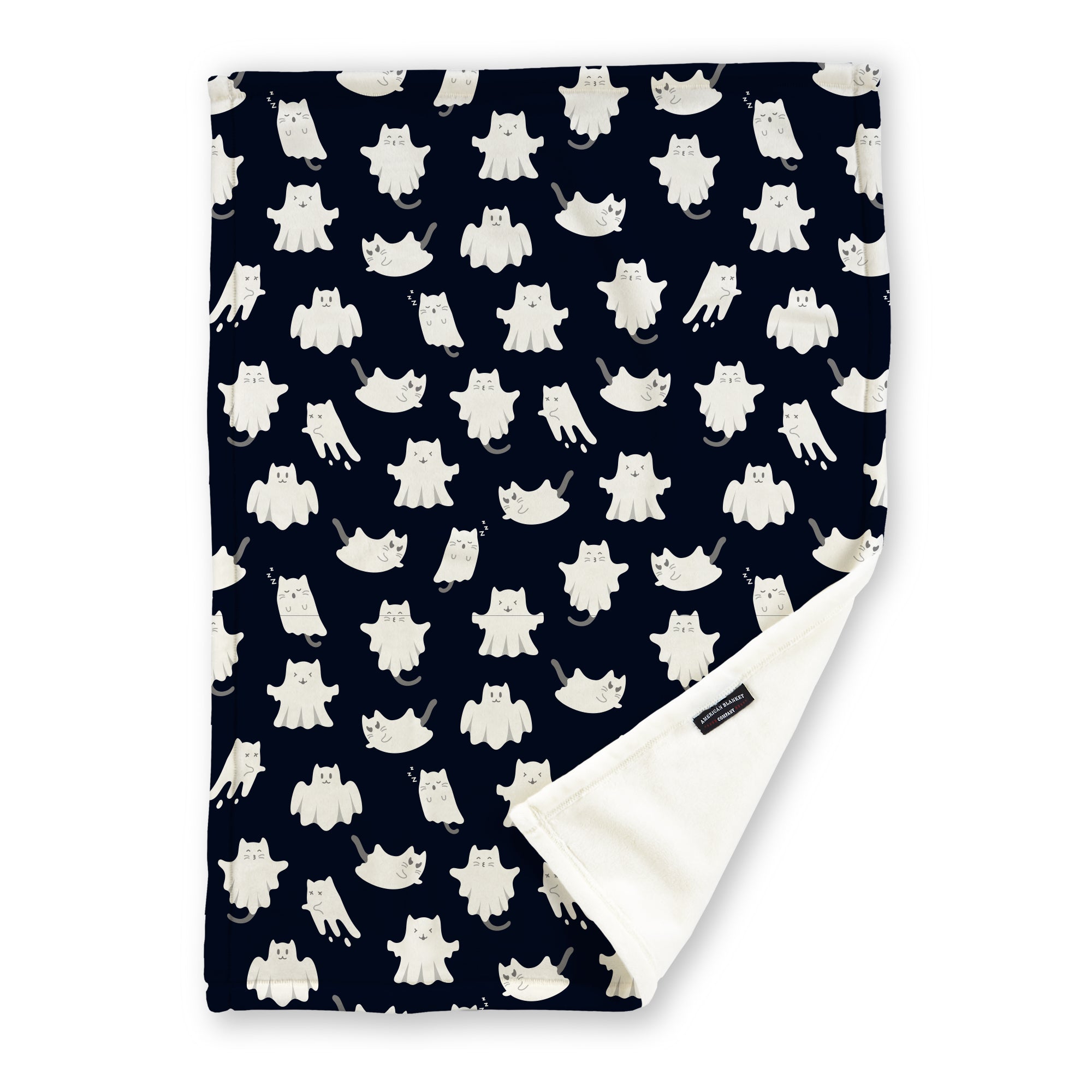American Blanket Company - Luster Loft Fleece Blanket - Printed Fall Patterned Throw Blanket - A fleece throw blanket with a ghost pattern of cats on a black background.