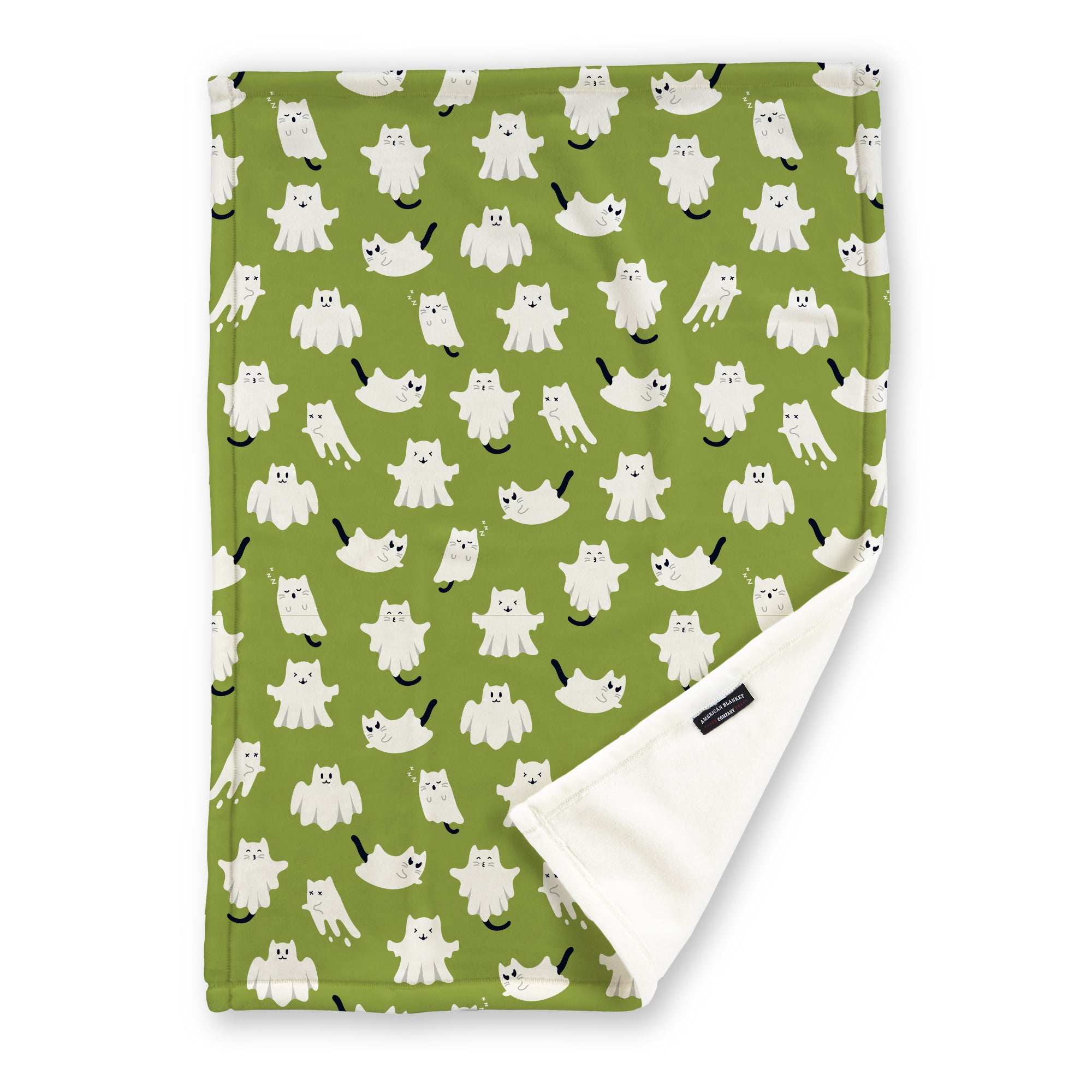 American Blanket Company - Luster Loft Fleece Blanket - Printed Fall Patterned Throw Blanket - A fleece throw blanket with a ghost pattern of cats on a green background.