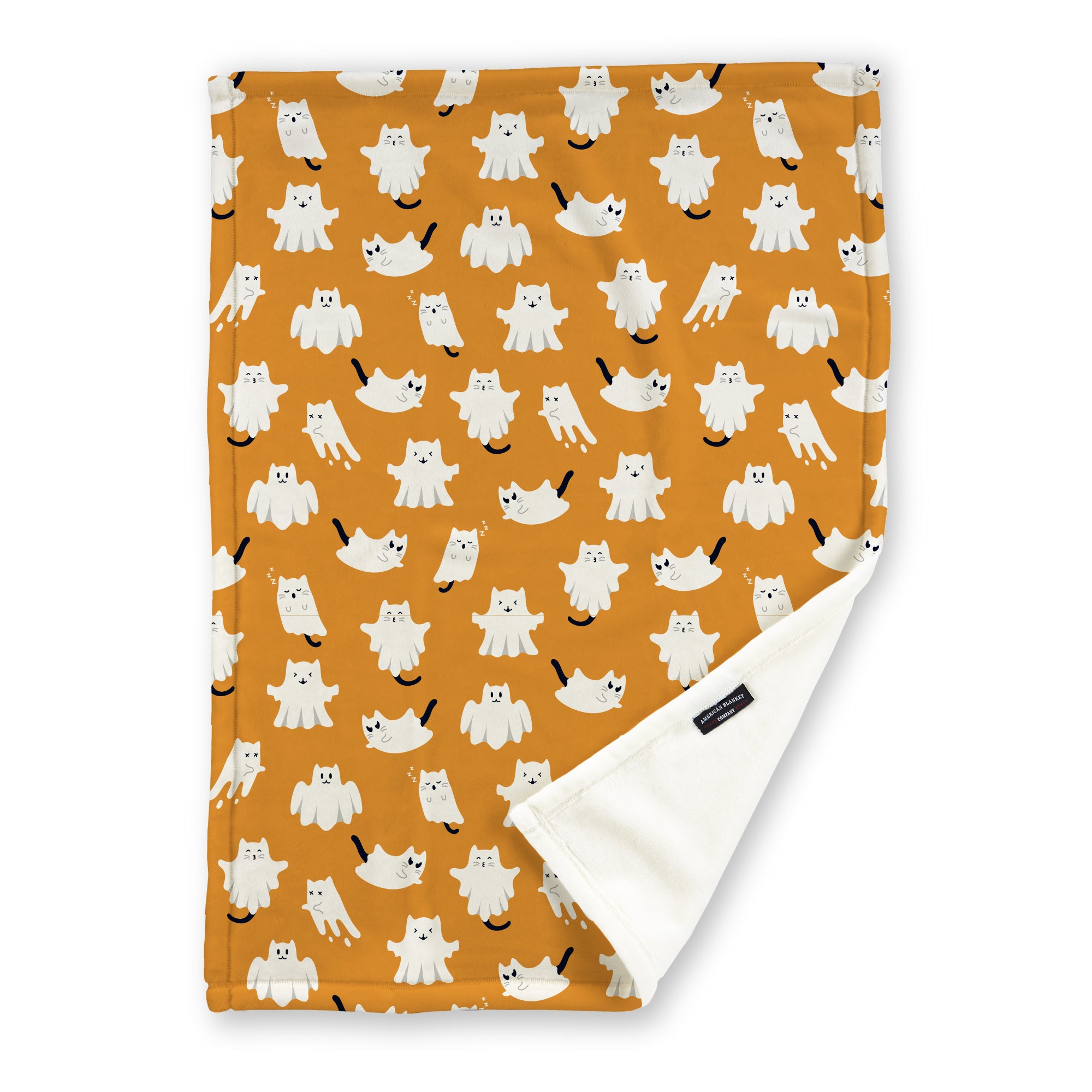 American Blanket Company - Luster Loft Fleece Blanket - Printed Fall Patterned Throw Blanket - A fleece throw blanket with a ghost pattern of cats on a orange background.