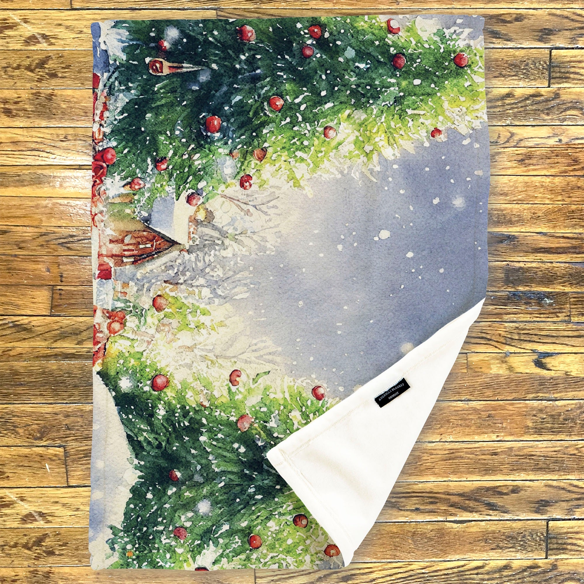 American Blanket Company - Luster Loft Fleece Blanket - Printed Holiday Throw Blanket - Fleece blanket of a Festive Christmas scene with a tree and presents on a wooden floor