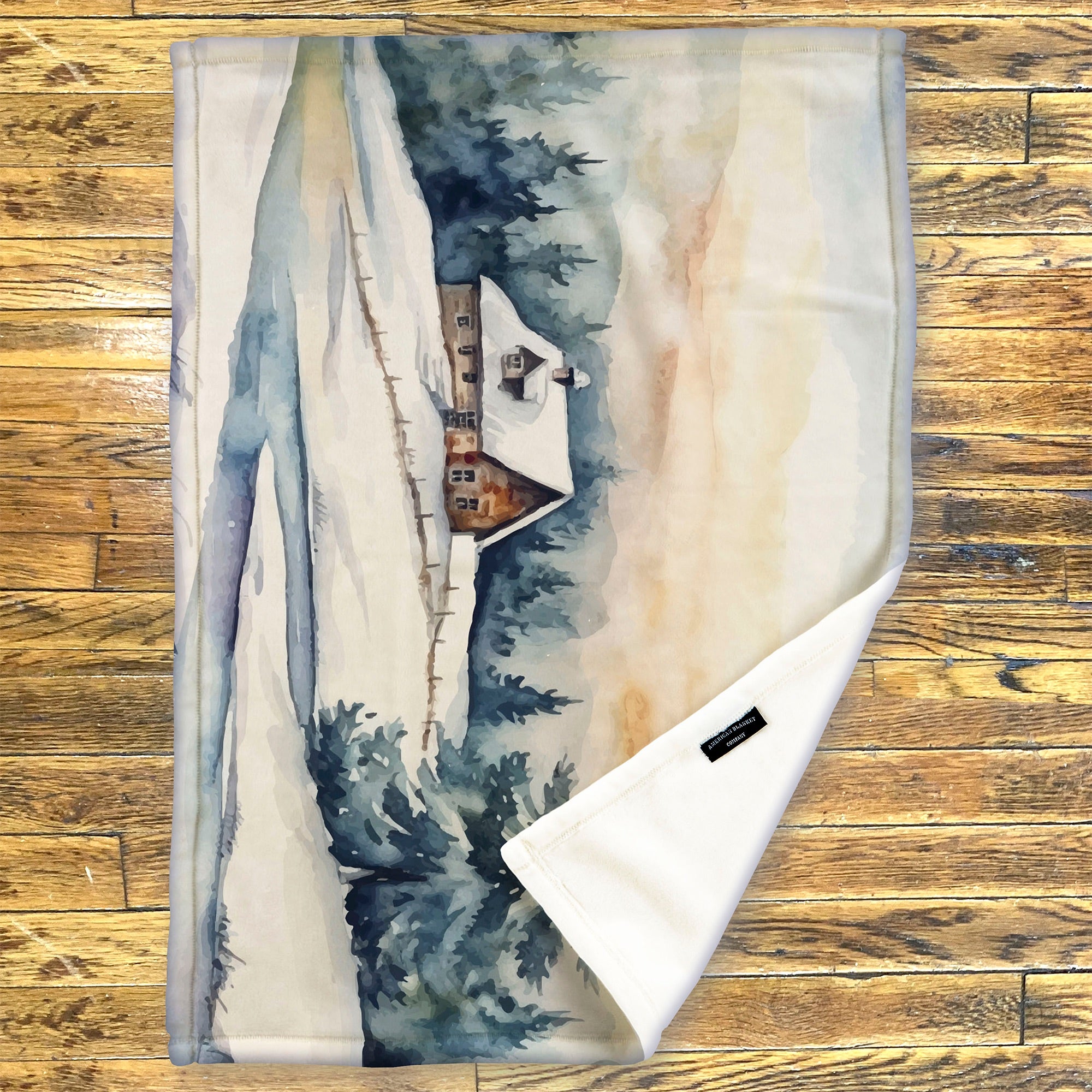 American Blanket Company - Luster Loft Fleece Blanket - Printed Holiday Throw Blanket - Fleece blanket with a winter landscape design featuring a cabin on a wooden surface