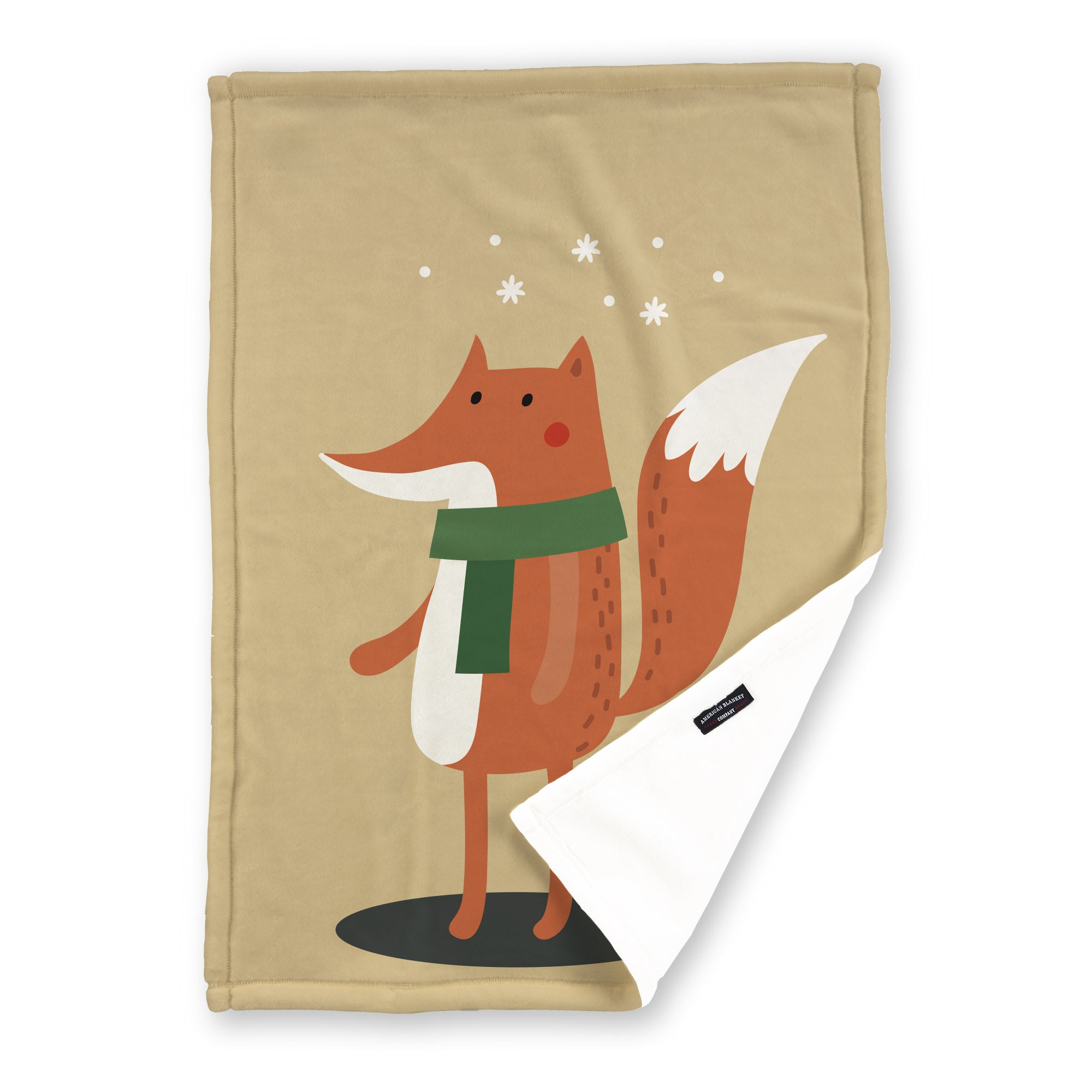 American Blanket Company - Luster Loft Fleece Blankets - Printed Holiday Critter Blankets - Festive beige blanket  featuring a fox with a scarf and a space for a personalized name.