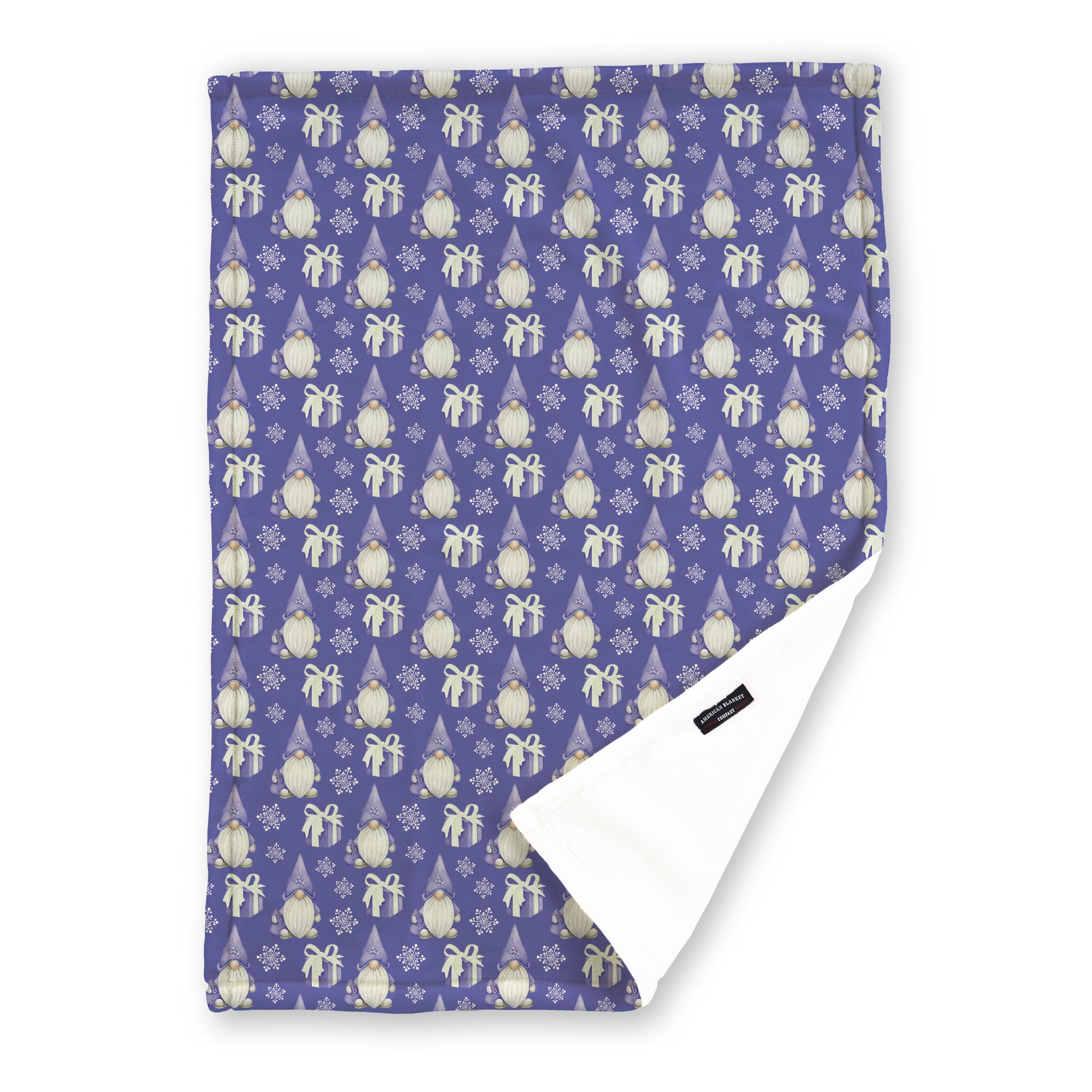 American Blanket Company - Luster Loft Fleece Blanket - Printed Holiday Patterned Throw Blanket - A periwinkle throw blanket with a holiday pattern featuring gnomes