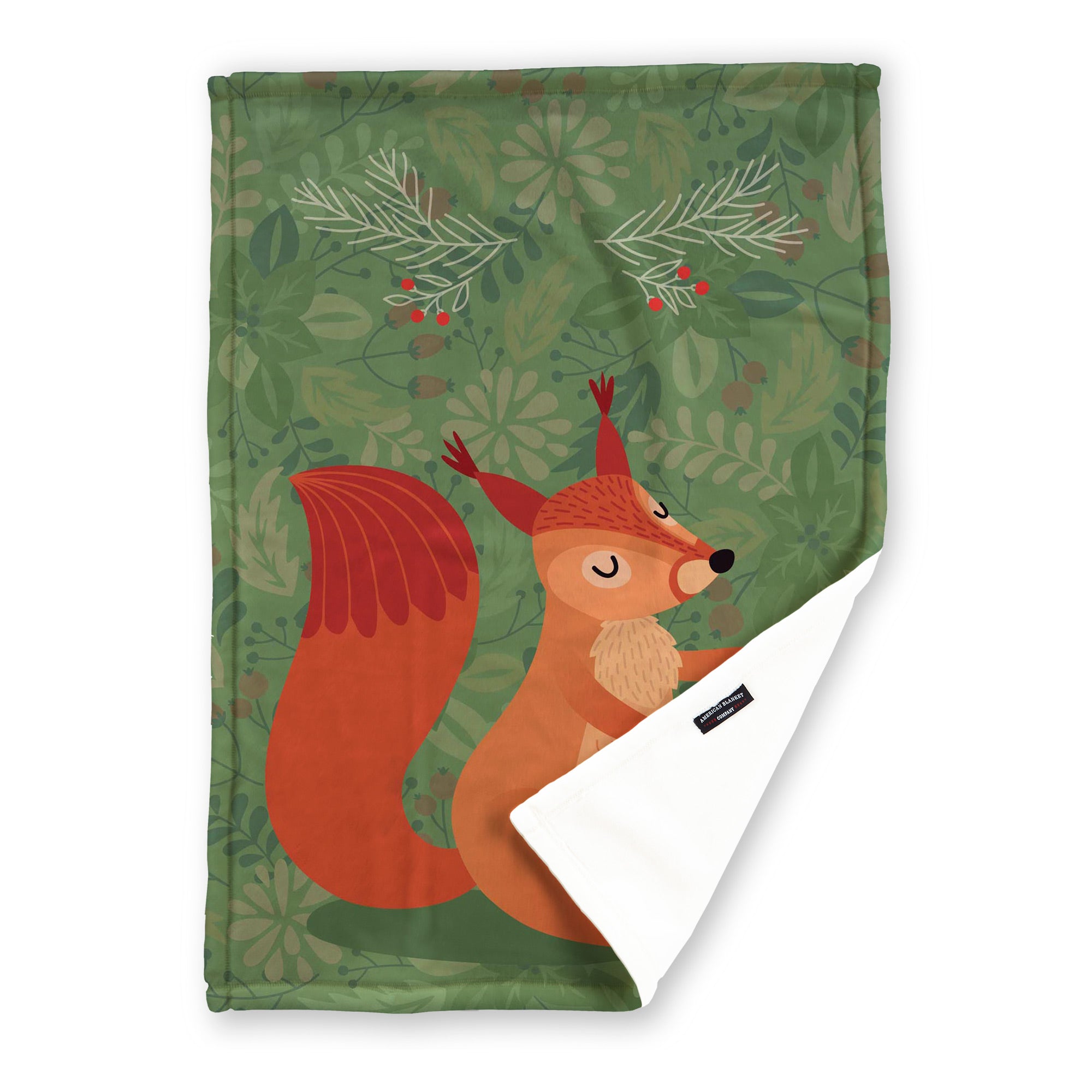 American Blanket Company - Luster Loft Fleece Blankets - Printed Holiday Critter Blankets - A festive Green fleece throw blanket featuring a squirrel and personalizable name space.