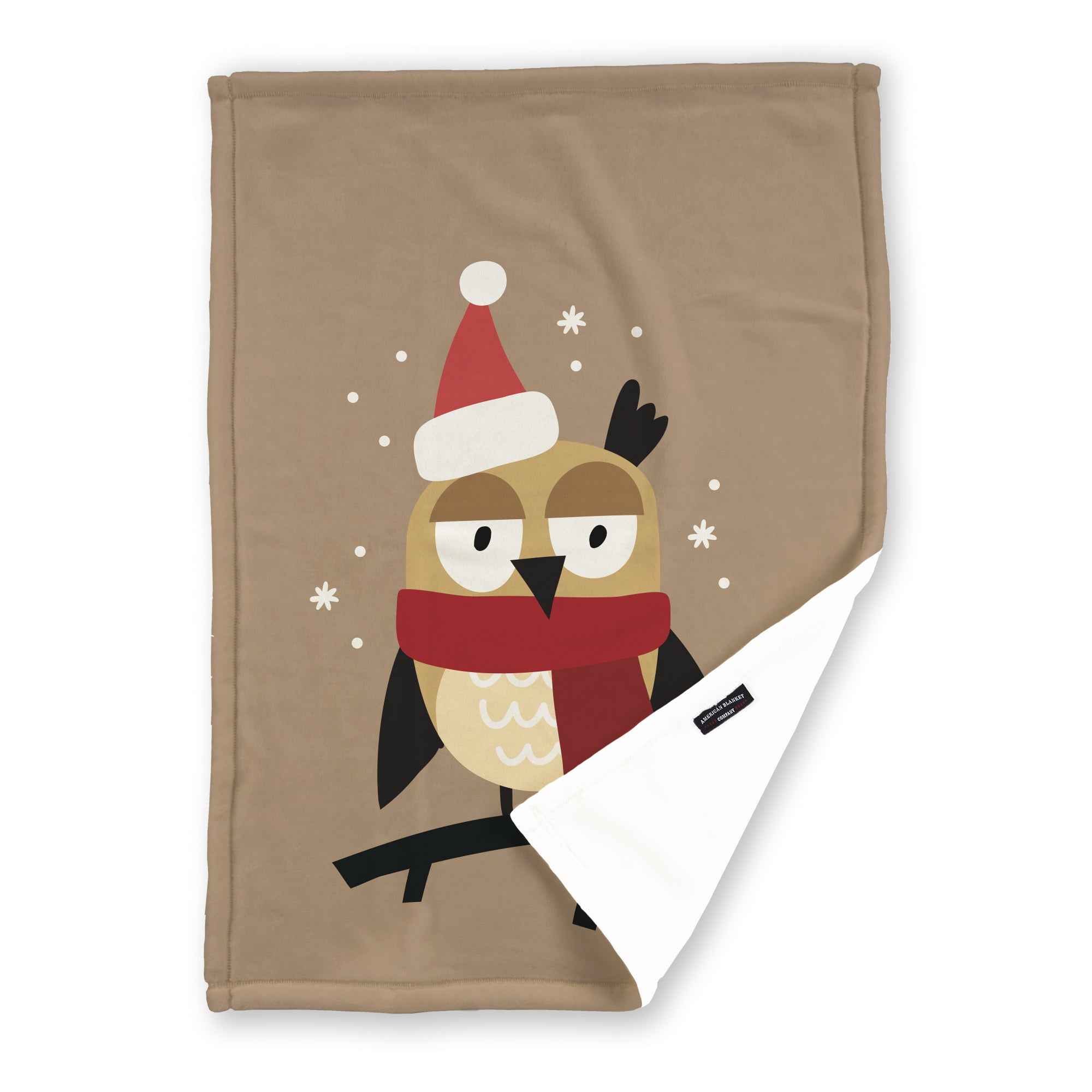American Blanket Company - Luster Loft Fleece Blankets - Printed Holiday Critter Blankets - Festive beige blanket  featuring a owl with a scarf and a space for a personalized name.