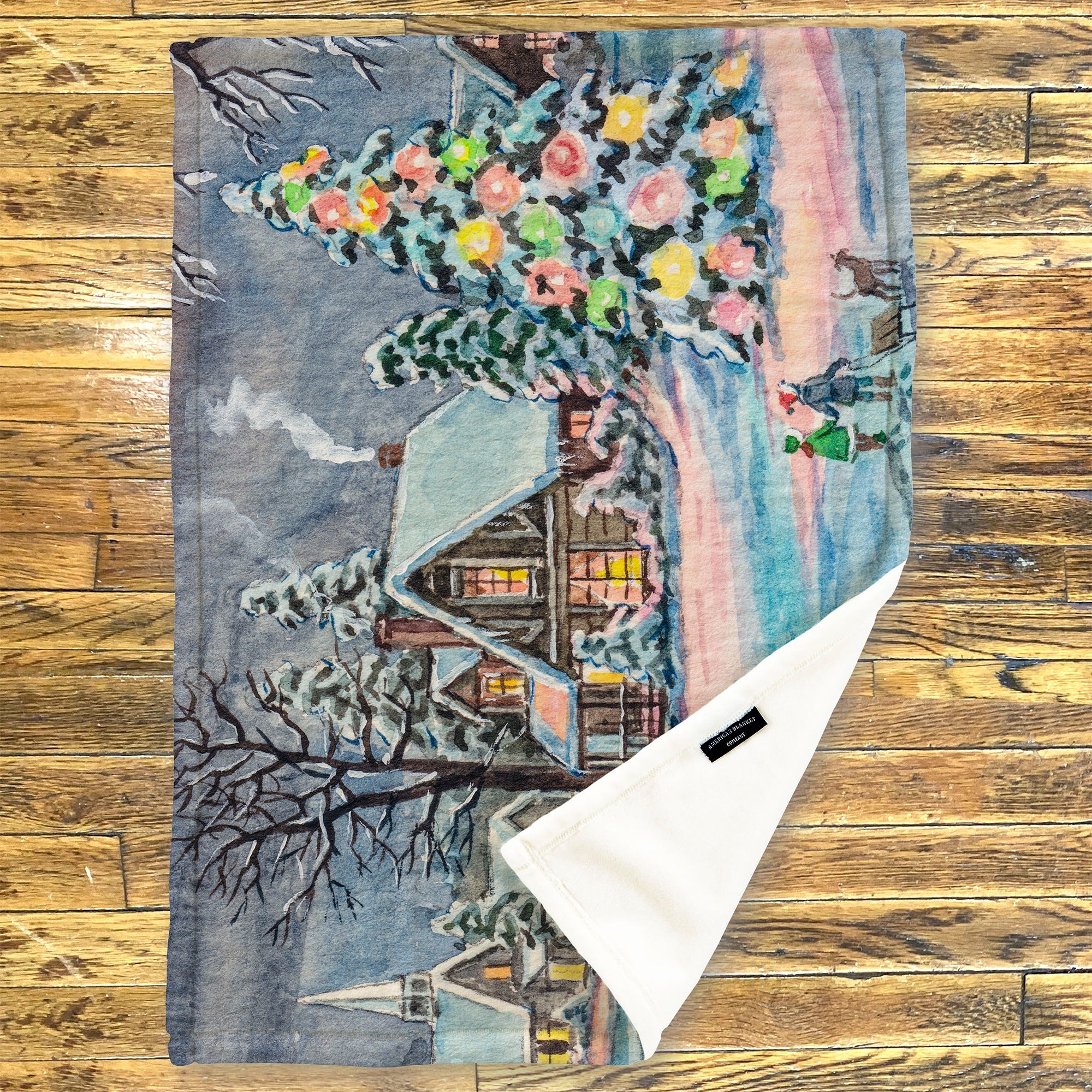 American Blanket Company - Luster Loft Fleece Blanket - Printed Holiday Throw Blanket - Fleece blanket with a winter scene of a house and trees on a wooden surface