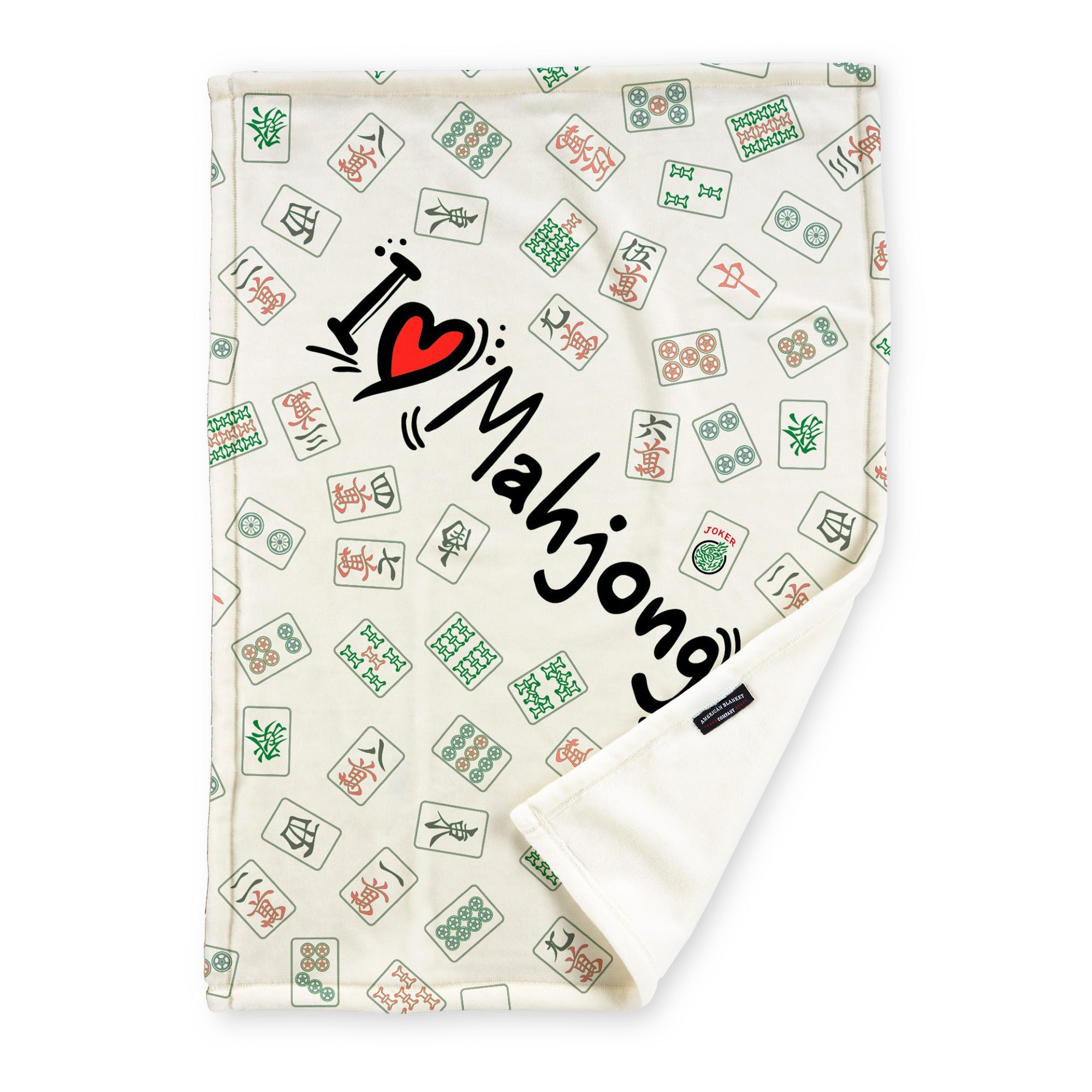 American Blanket Company - Fleece Mahjong Blanket with an assortment of tiles and the phrase 'I <3 Mahjong'.