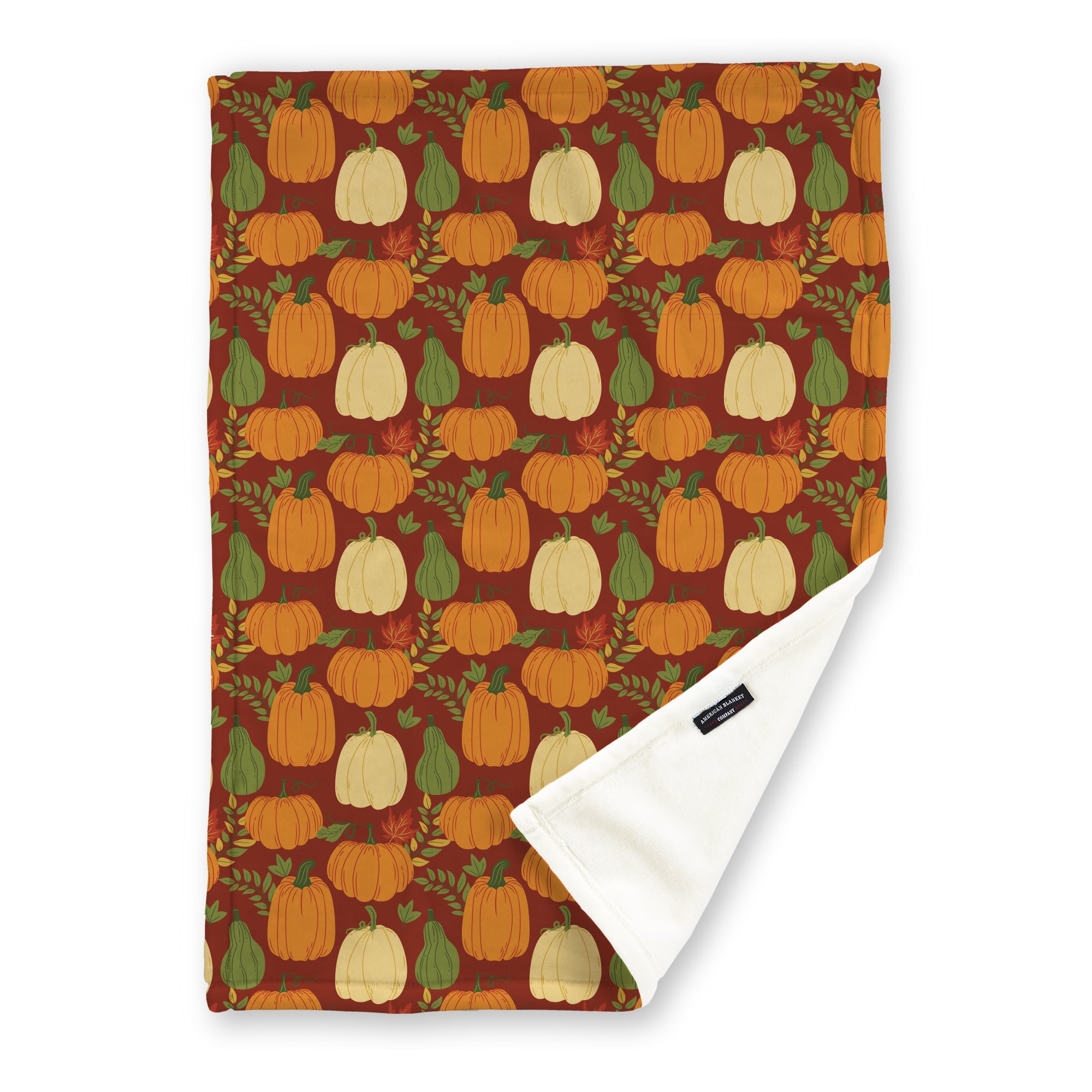 American Blanket Company - Luster Loft Fleece Blanket - Printed Fall Patterned Throw Blanket - A fleece throw blanket with a pattern of pumpkins and squash on a red background.