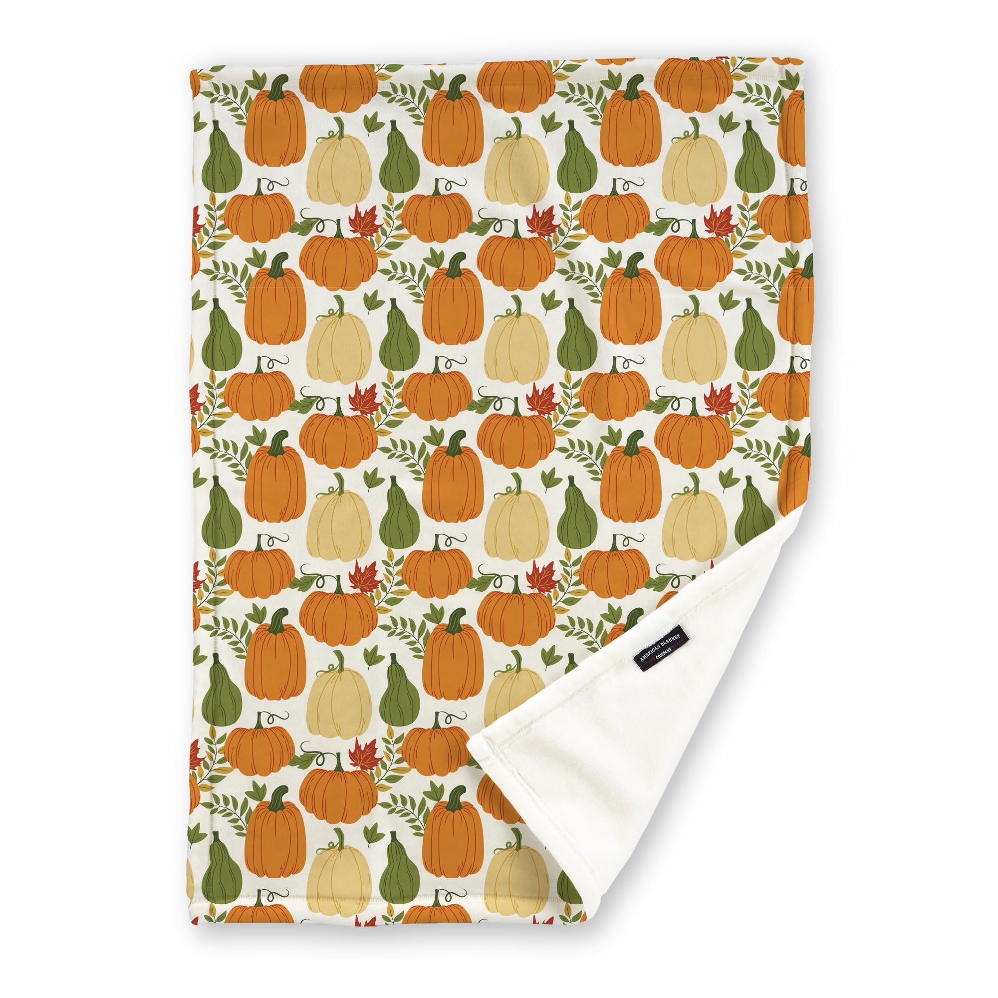 American Blanket Company - Luster Loft Fleece Blanket - Printed Fall Patterned Throw Blanket - A fleece throw blanket with a pattern of pumpkins and squash on a white background.