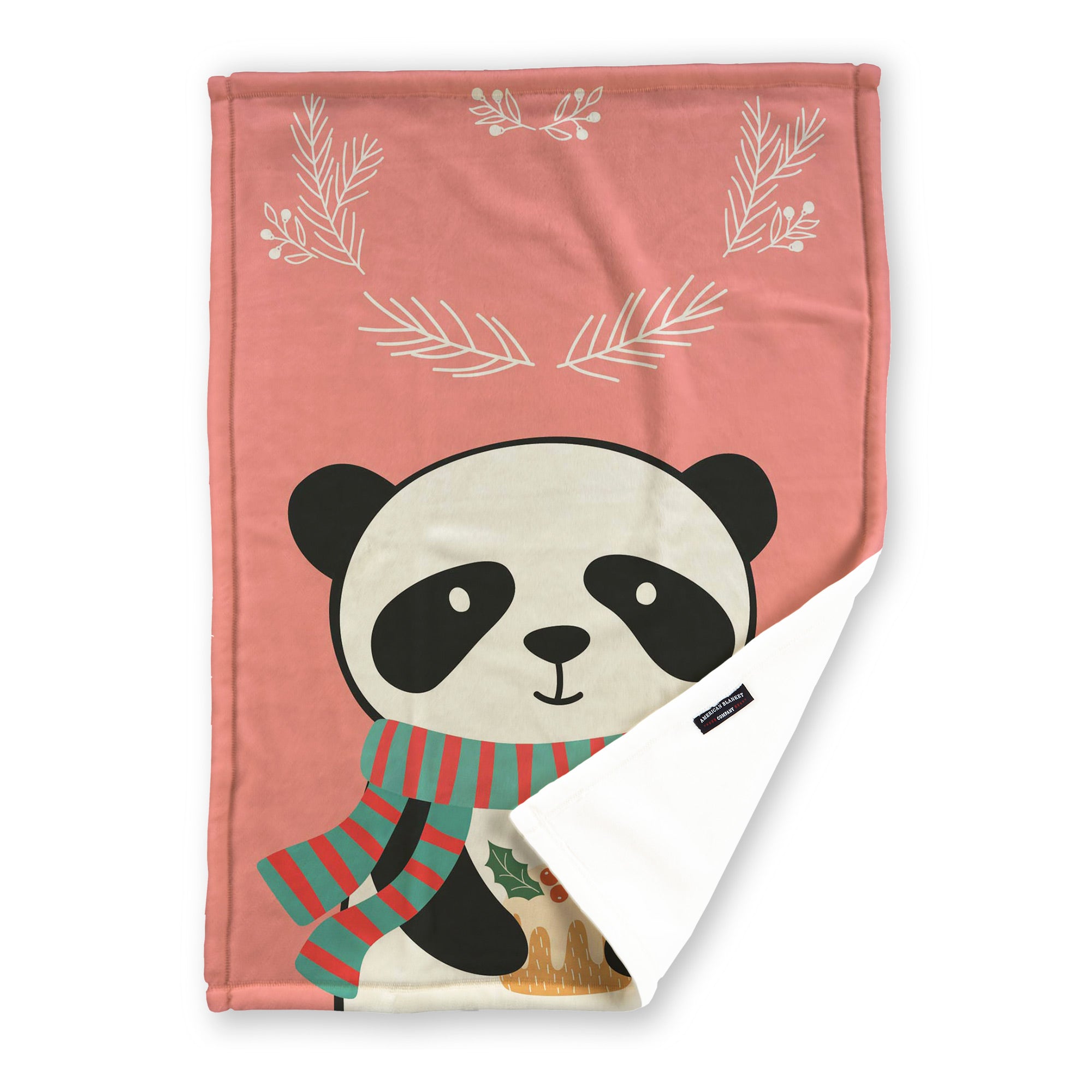 American Blanket Company - Luster Loft Fleece Blankets - Printed Holiday Critter Blankets - Festive pink blanket  featuring a panda with a scarf and a space for a personalized name.