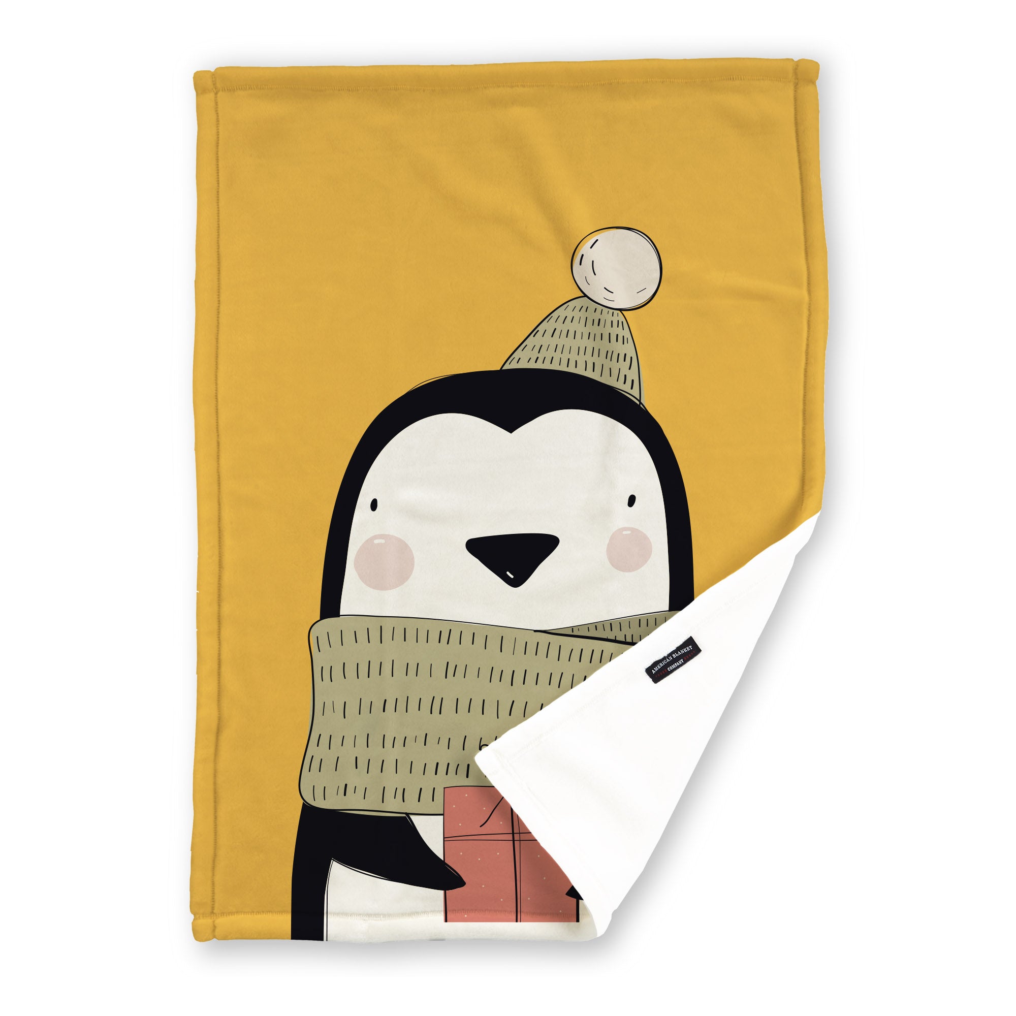American Blanket Company - Luster Loft Fleece Blankets - Printed Holiday Critter Blankets - Festive yellow blanket  featuring a penguin with a scarf and a space for a personalized name.