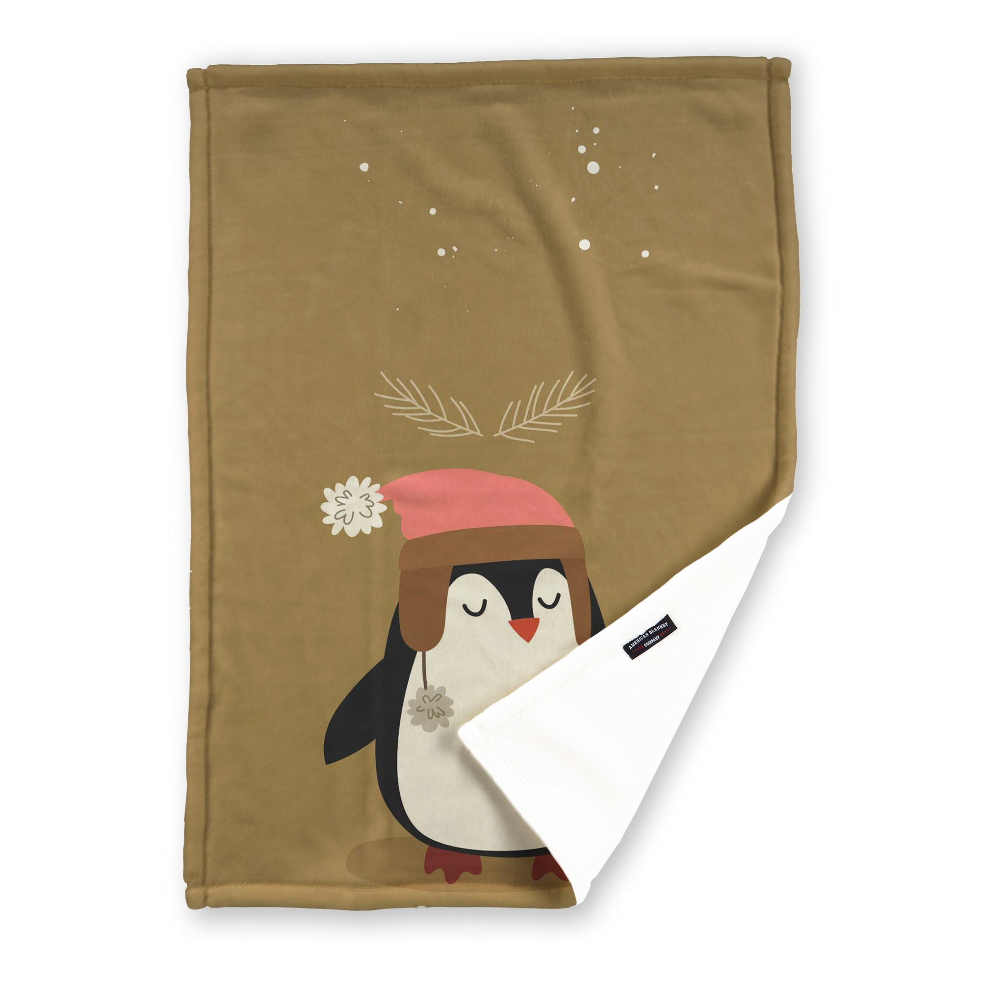 American Blanket Company - Luster Loft Fleece Blankets - Printed Holiday Critter Blankets - Festive brown blanket  featuring a penguin with a hat and a space for a personalized name.