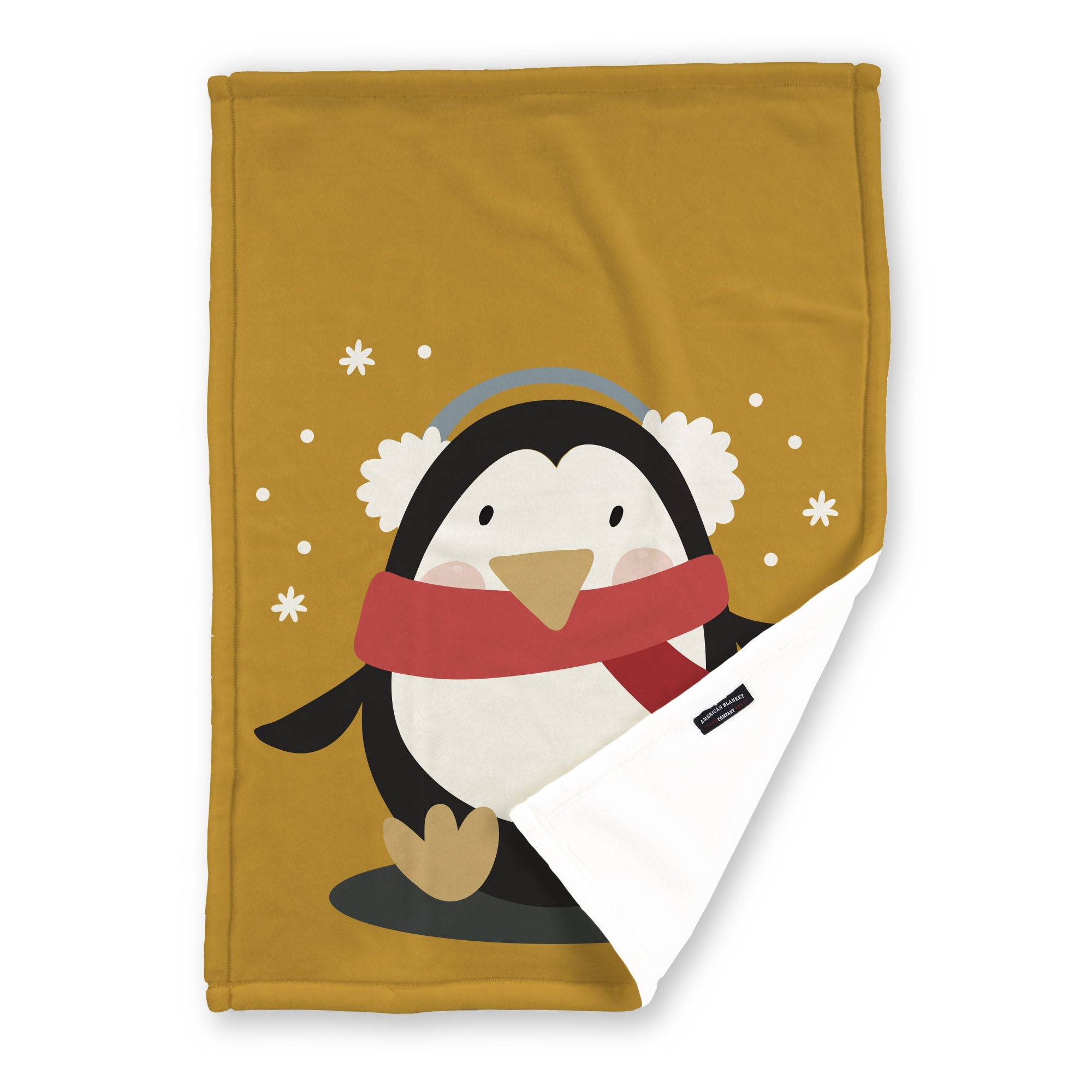 American Blanket Company - Luster Loft Fleece Blankets - Printed Holiday Critter Blankets - Festive golden blanket  featuring a penguin with a scarf and a space for a personalized name.