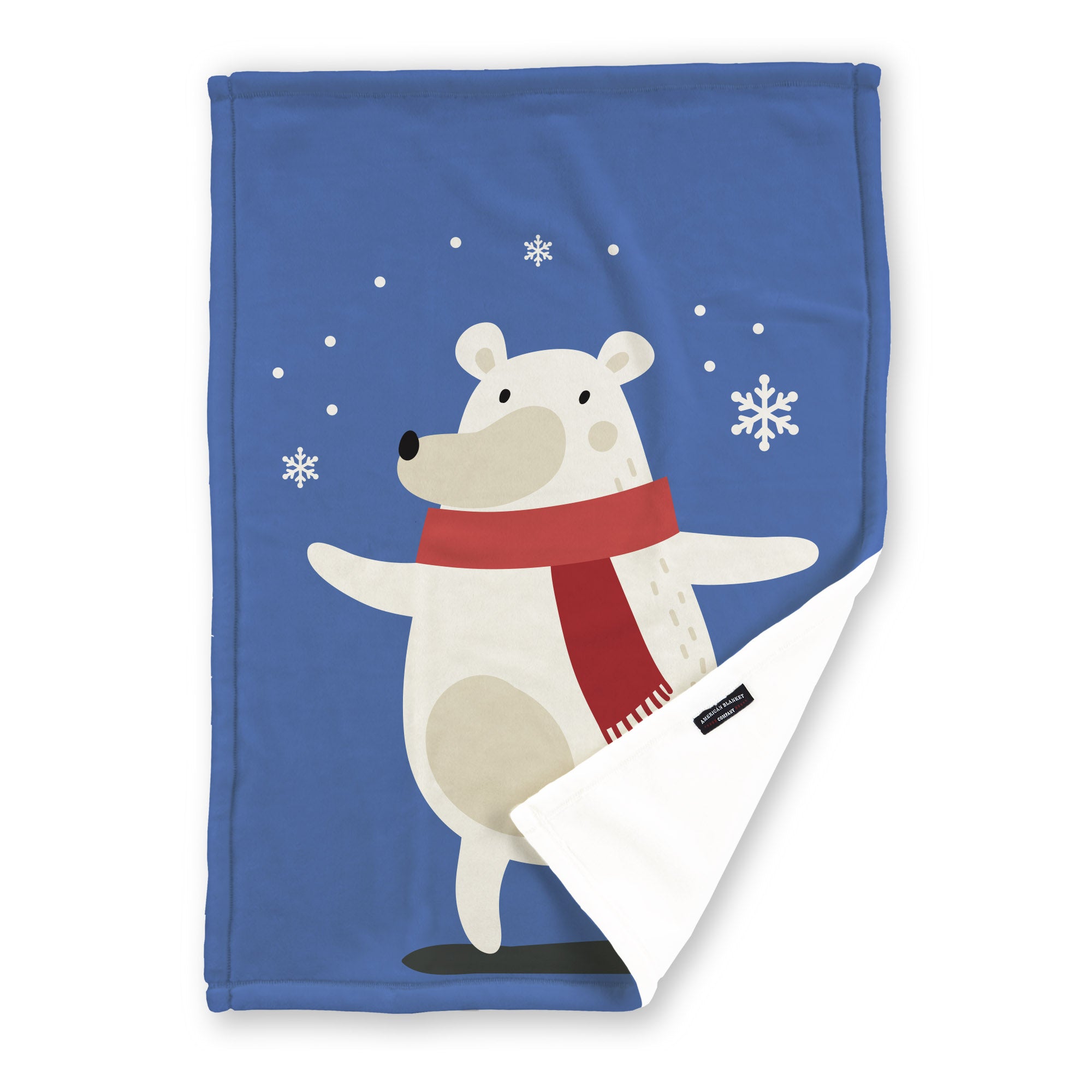 American Blanket Company - Luster Loft Fleece Blankets - Printed Holiday Critter Blankets - A festive blue fleece throw blanket featuring a white polar bear wearing a red scarf, with snowflake decorations and a personalizable name space.