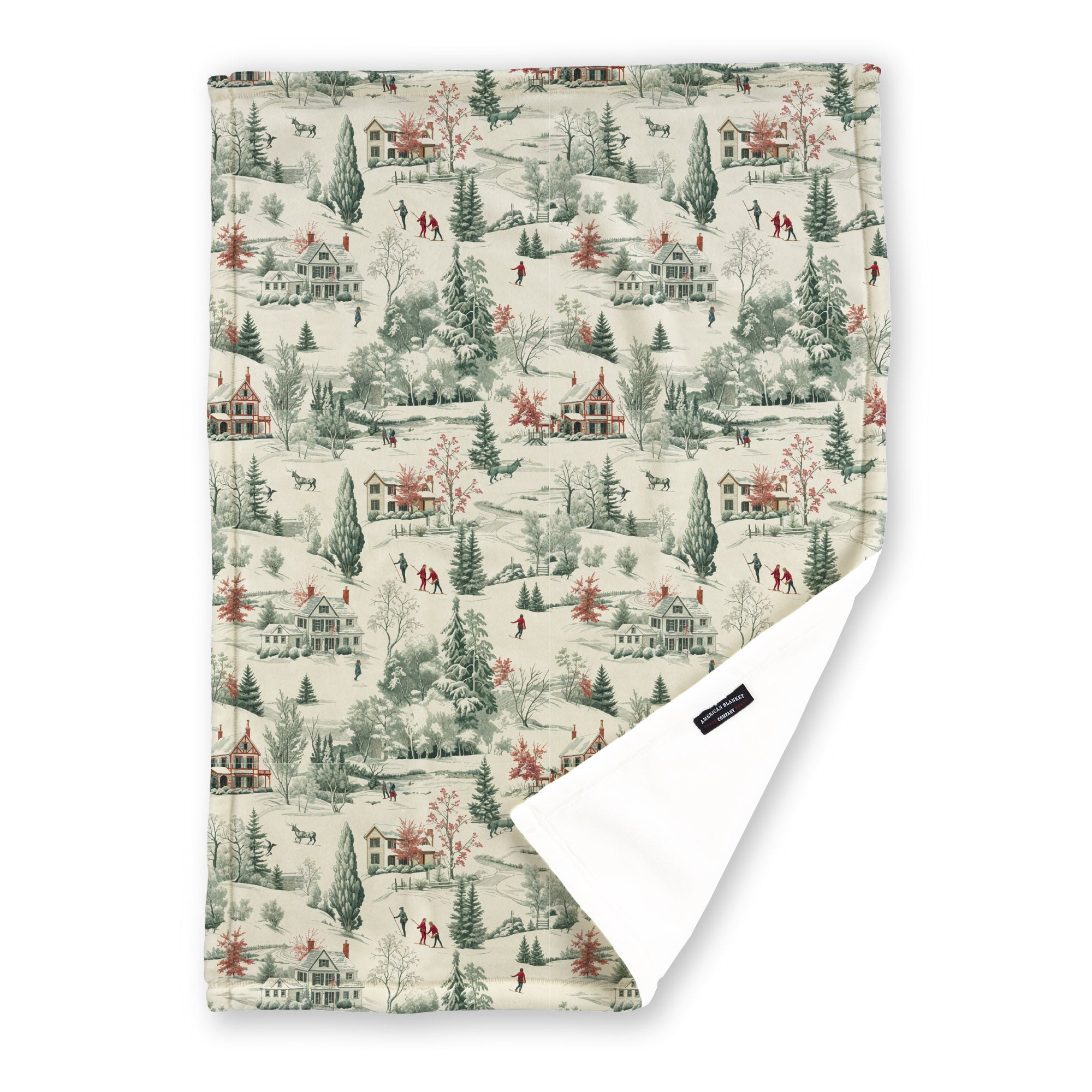 American Blanket Company - Luster Loft Fleece Blanket - Printed Holiday Patterned Throw Blanket - A beige throw blanket showing red fir trees and a cabin with skiers