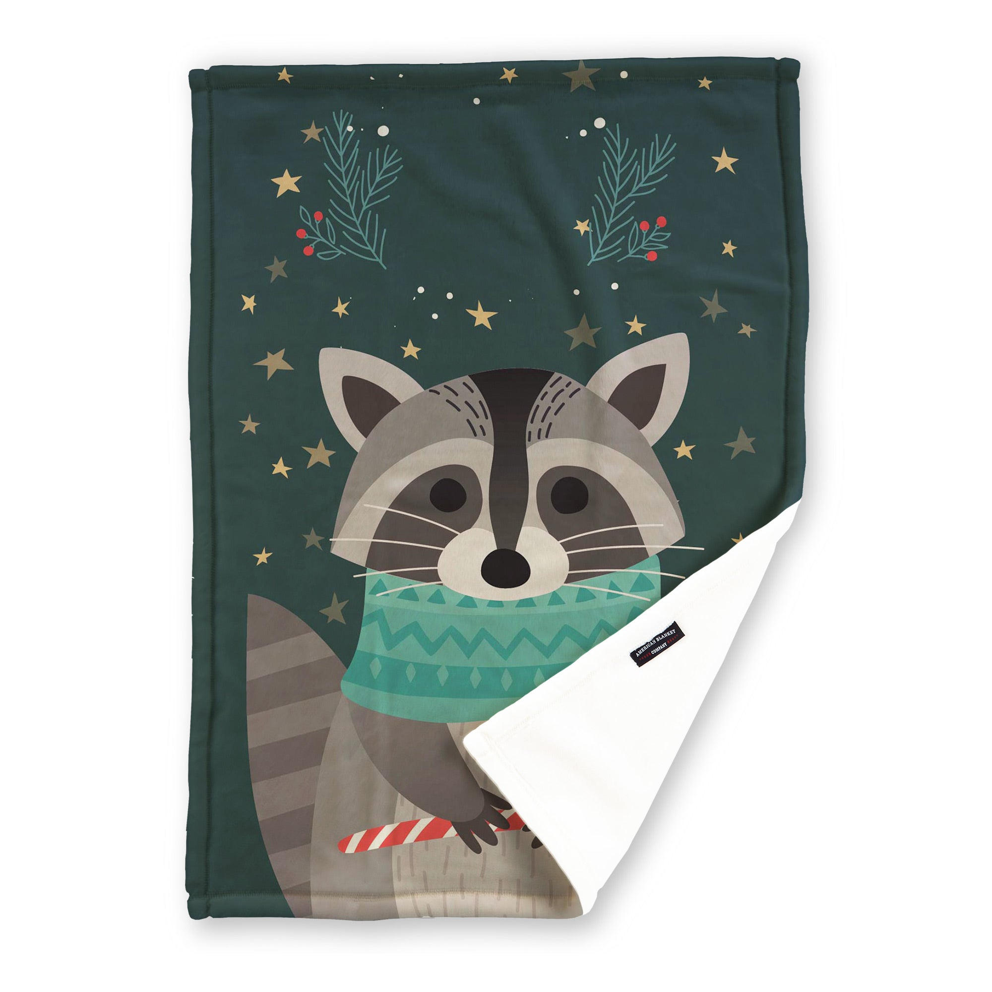 American Blanket Company - Luster Loft Fleece Blankets - Printed Holiday Critter Blankets - Festive green blanket  featuring a racoon with a scarf and a space for a personalized name.
