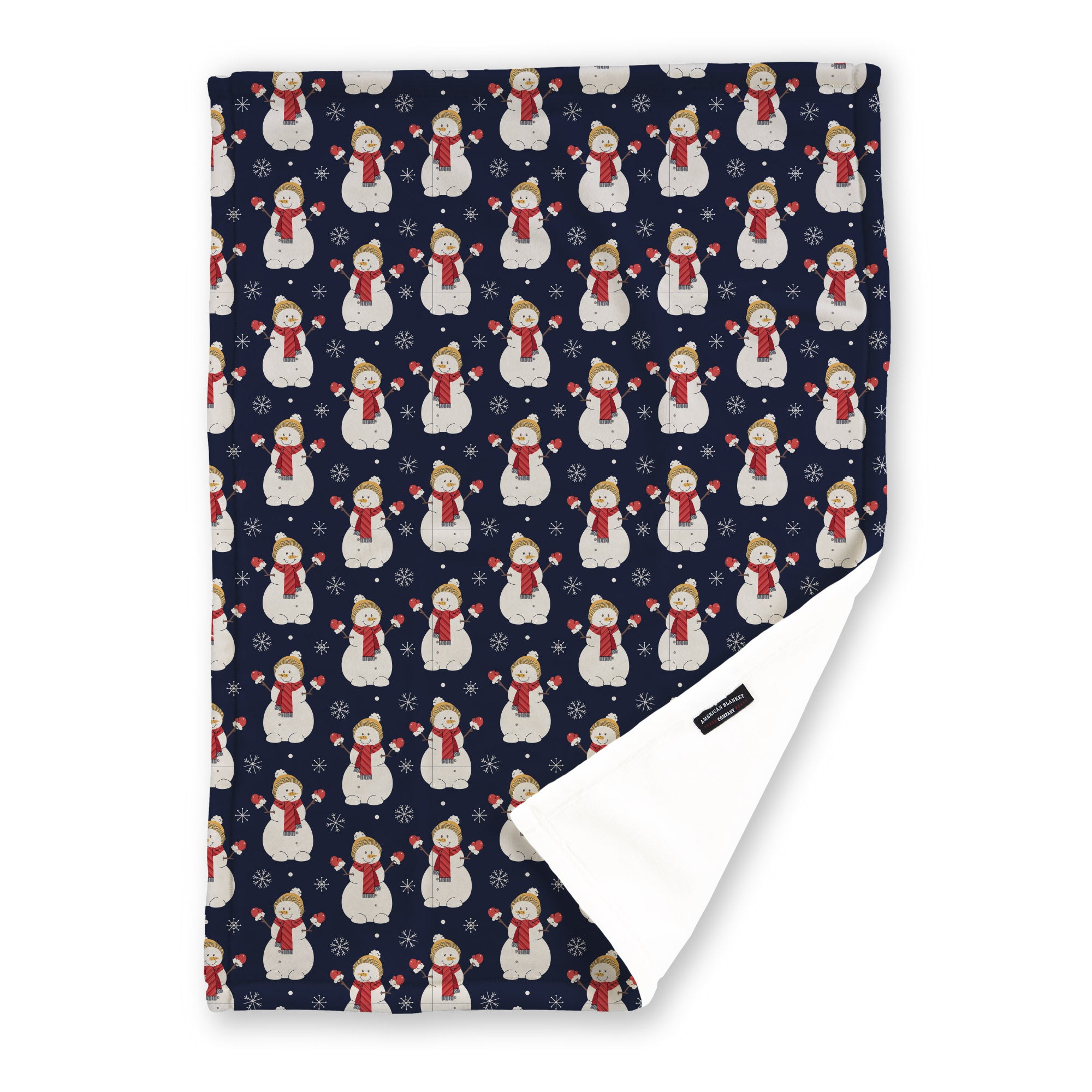American Blanket Company - Luster Loft Fleece Blanket - Printed Holiday Patterned Throw Blanket - A navy throw blanket featuring white snowmen