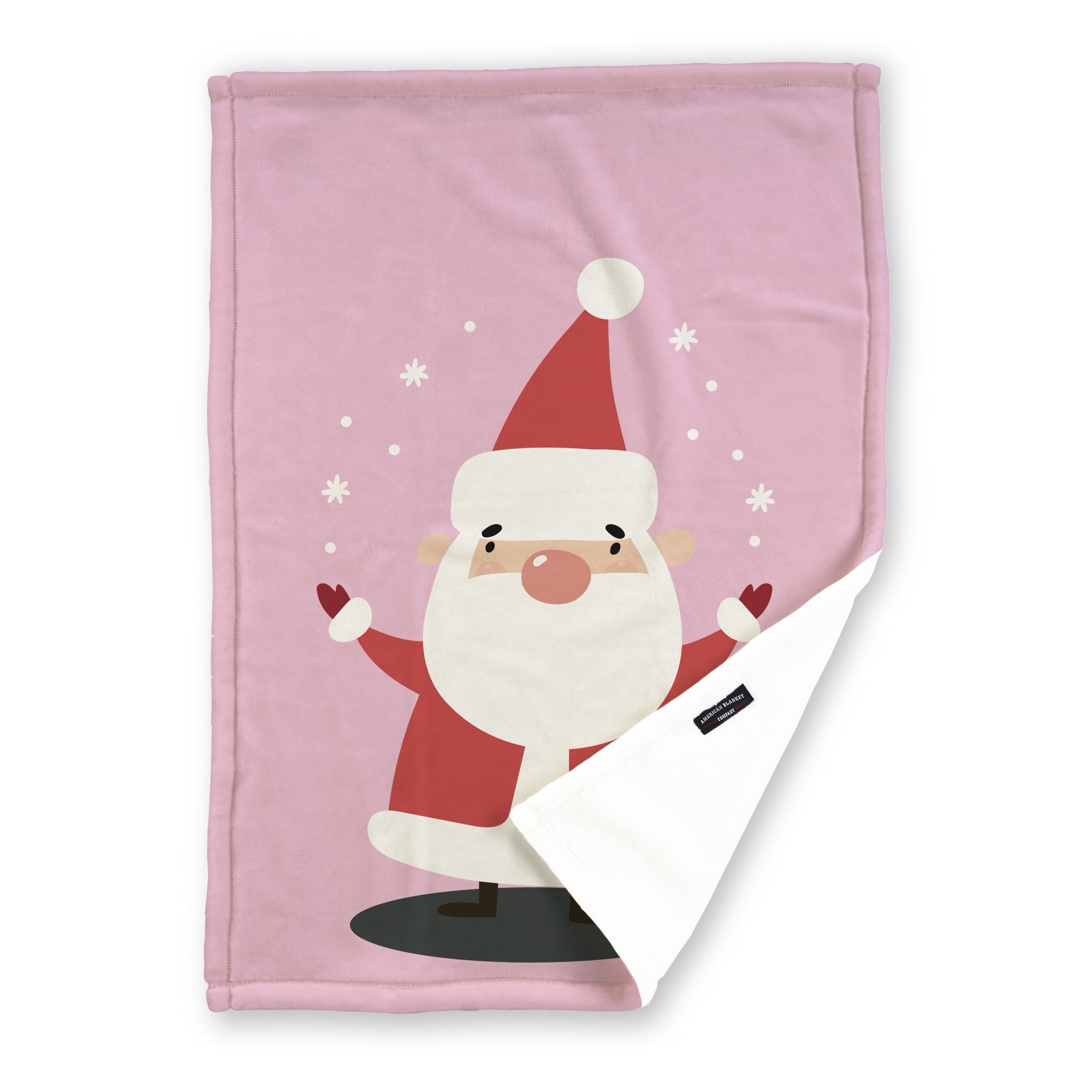American Blanket Company - Luster Loft Fleece Blankets - Printed Holiday Critter Blankets - Festive pink blanket  featuring Santa and a space for a personalized name.
