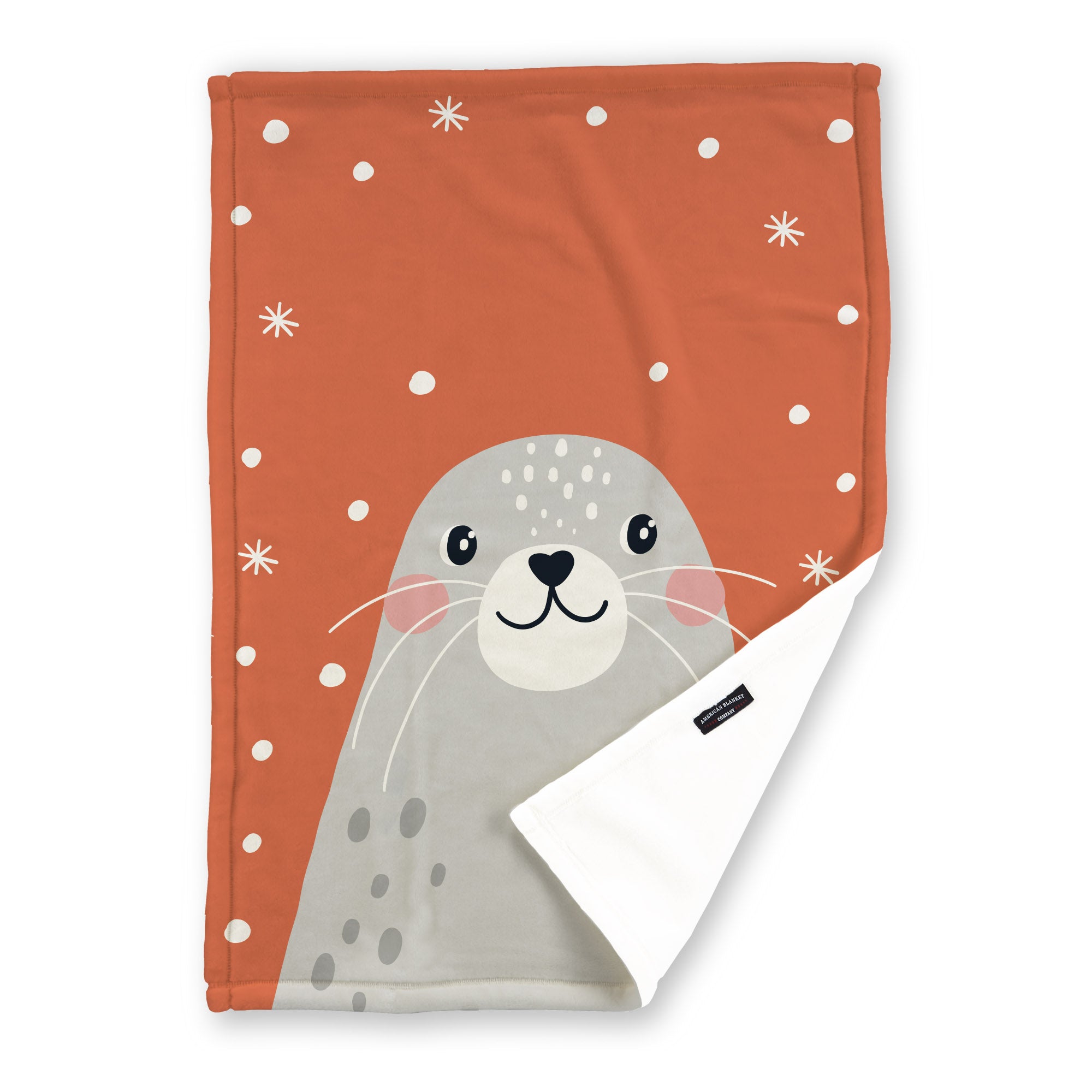 American Blanket Company - Luster Loft Fleece Blankets - Printed Holiday Critter Blankets - Festive orange blanket  featuring a seal and a space for a personalized name.