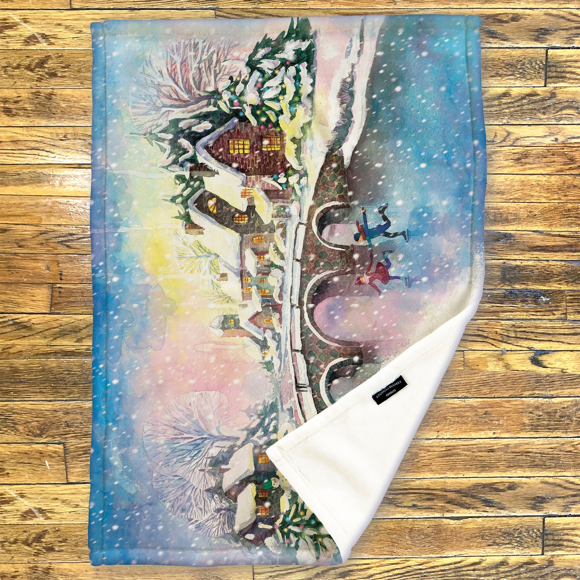 American Blanket Company - Luster Loft Fleece Blanket - Printed Holiday Throw Blanket - Fleece blanket with a winter scene on a wooden surface
