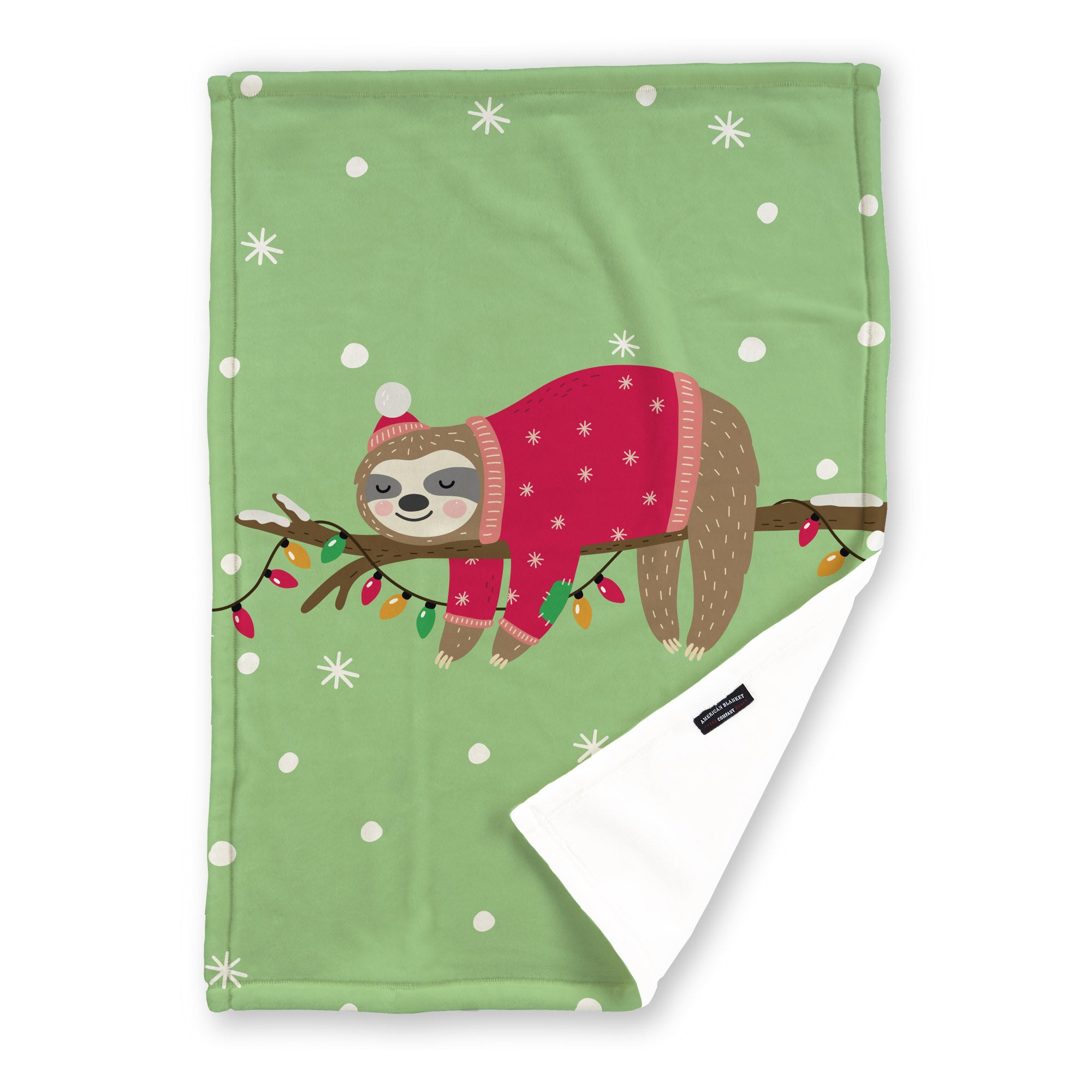 American Blanket Company - Luster Loft Fleece Blankets - Printed Holiday Critter Blankets - Festive green blanket  featuring a sloth with a sweater and a space for a personalized name.