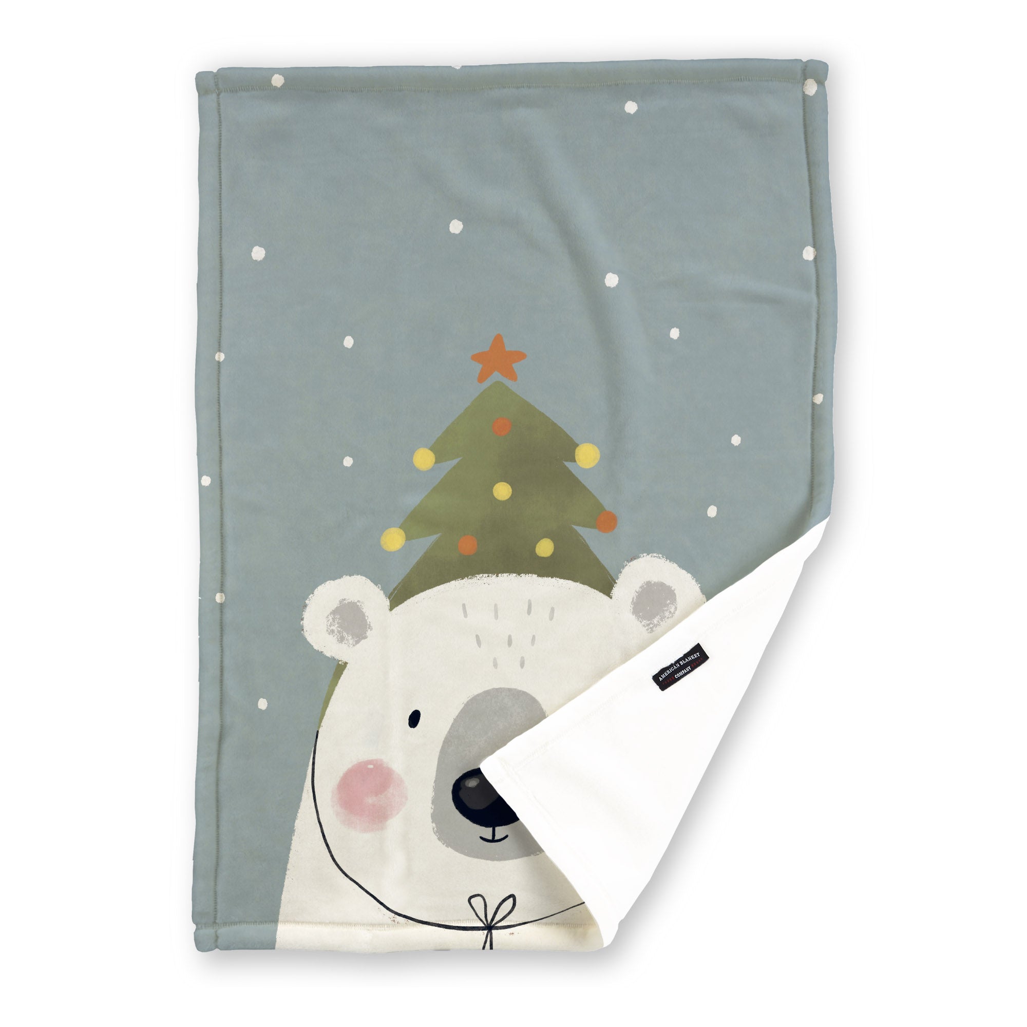 American Blanket Company - Luster Loft Fleece Blankets - Printed Holiday Critter Blankets - Festive blue blanket  featuring a polar bear with a tree on it's head and a space for a personalized name.