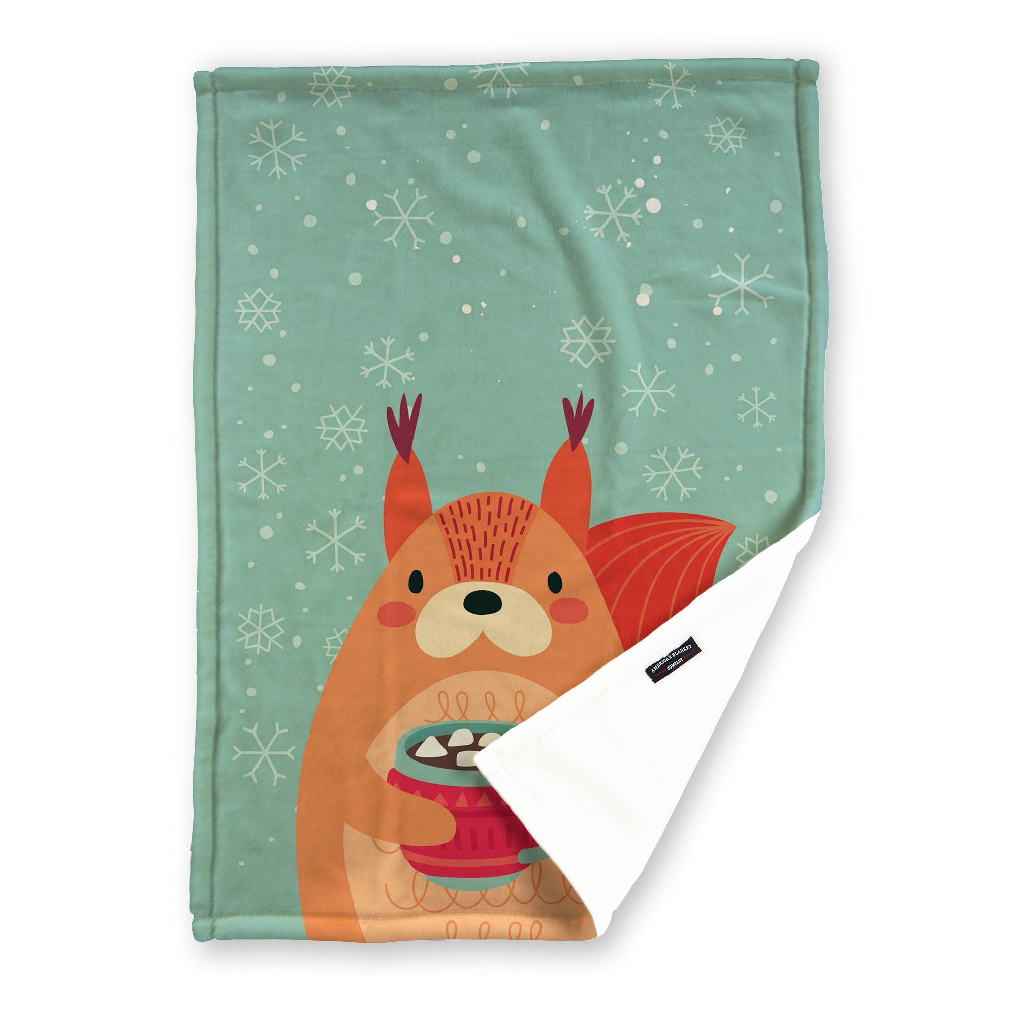 American Blanket Company - Luster Loft Fleece Blankets - Printed Holiday Critter Blankets - A festive blue fleece throw blanket featuring a squirrel with hot chocolate and a personalizable name space.