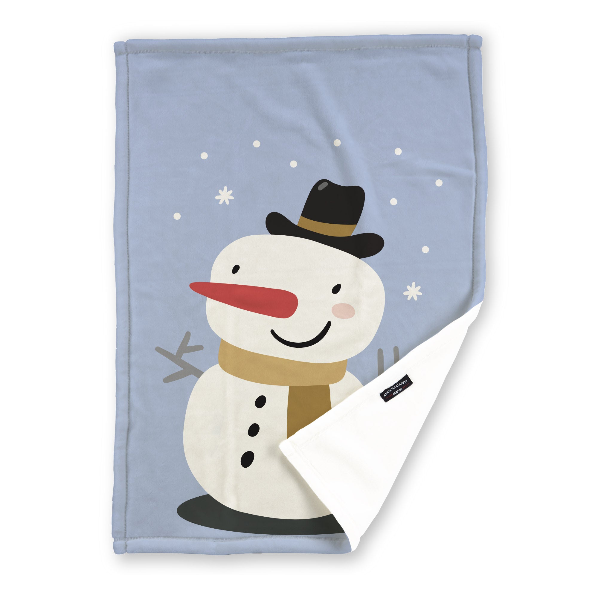 American Blanket Company - Luster Loft Fleece Blankets - Printed Holiday Critter Blankets - Festive blue blanket  featuring a snowman with a scarf and a space for a personalized name.