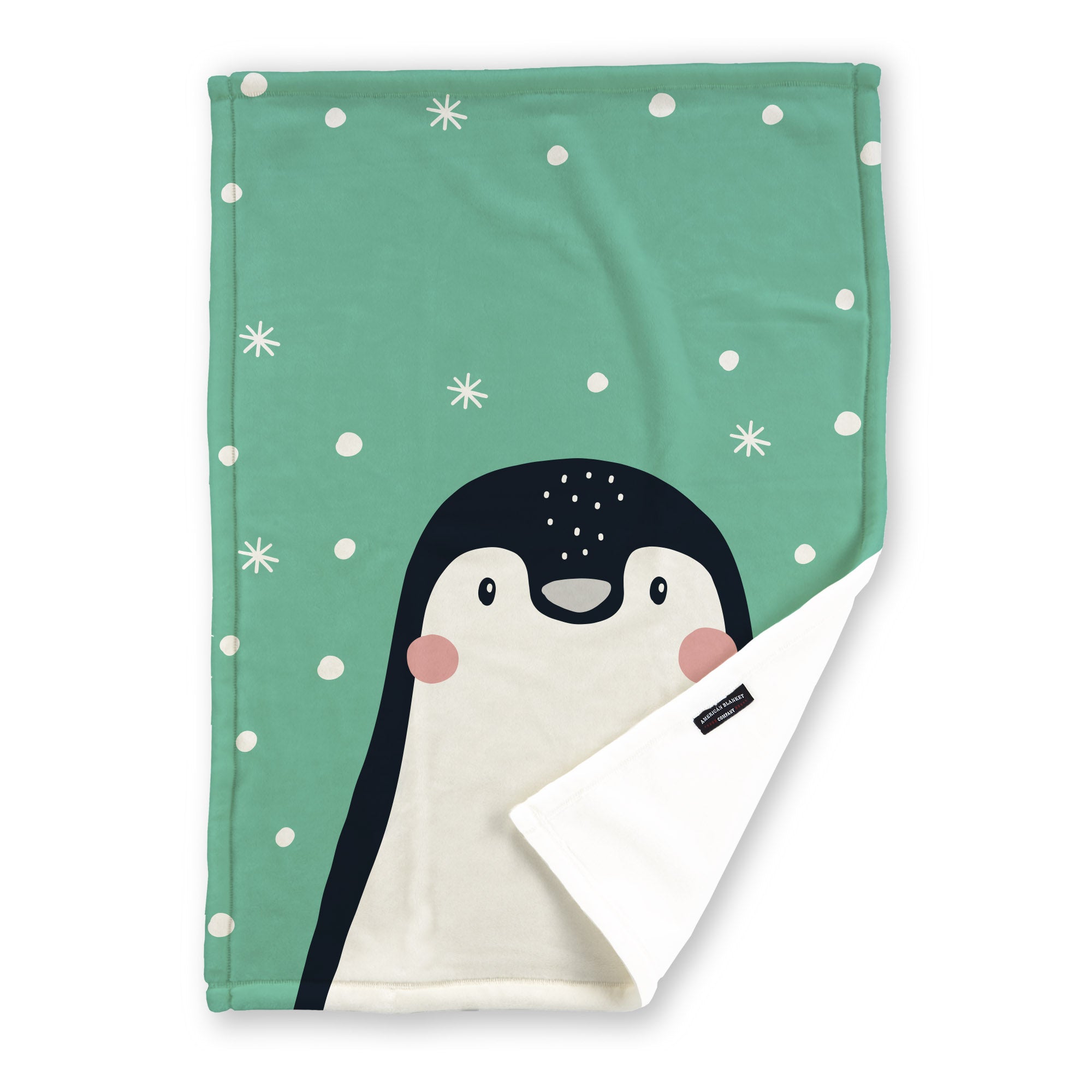 American Blanket Company - Luster Loft Fleece Blankets - Printed Holiday Critter Blankets - Festive green blanket  featuring a penguin with a scarf and a space for a personalized name.