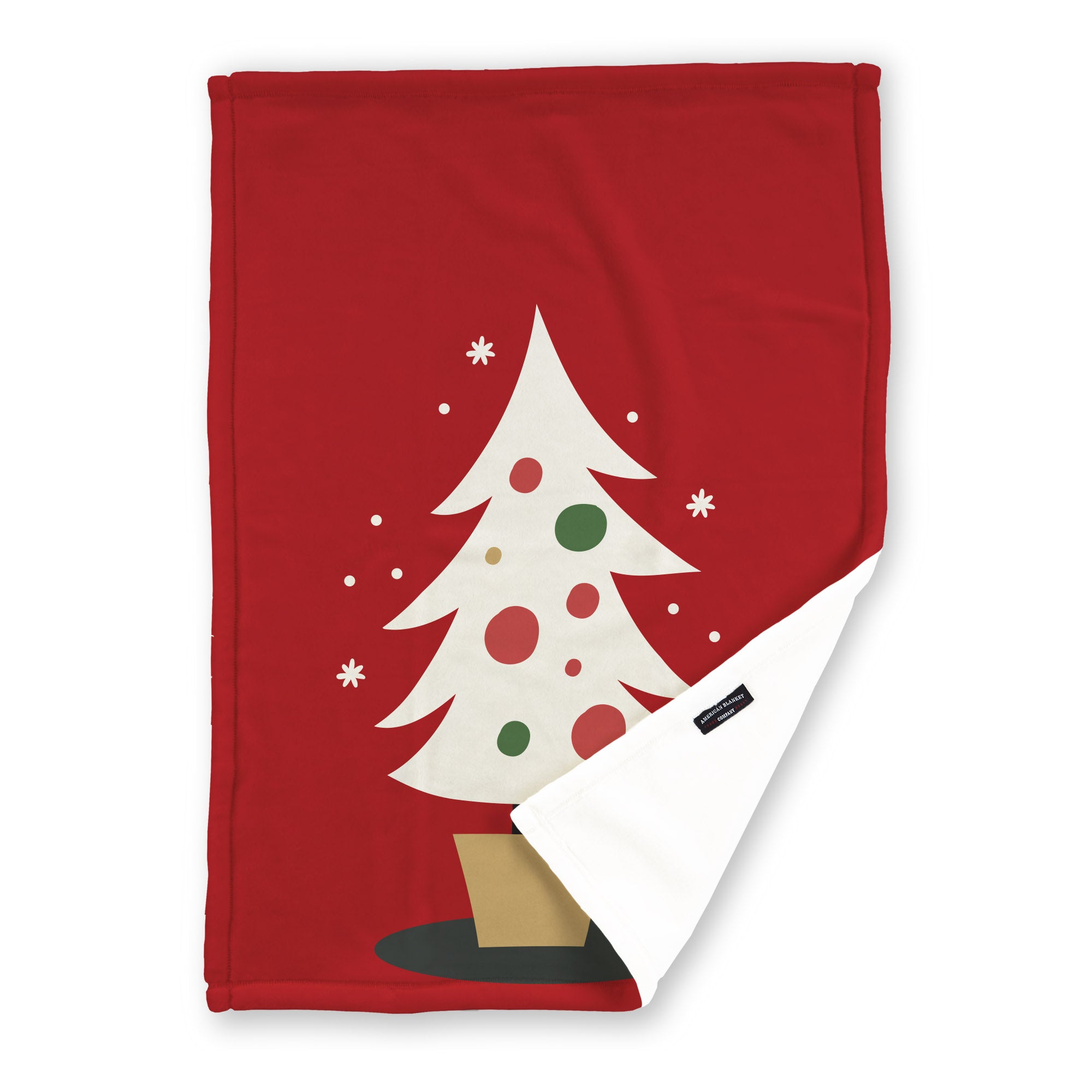 American Blanket Company - Luster Loft Fleece Blankets - Printed Holiday Critter Blankets - Festive red blanket  featuring a christmas tree and a space for a personalized name.