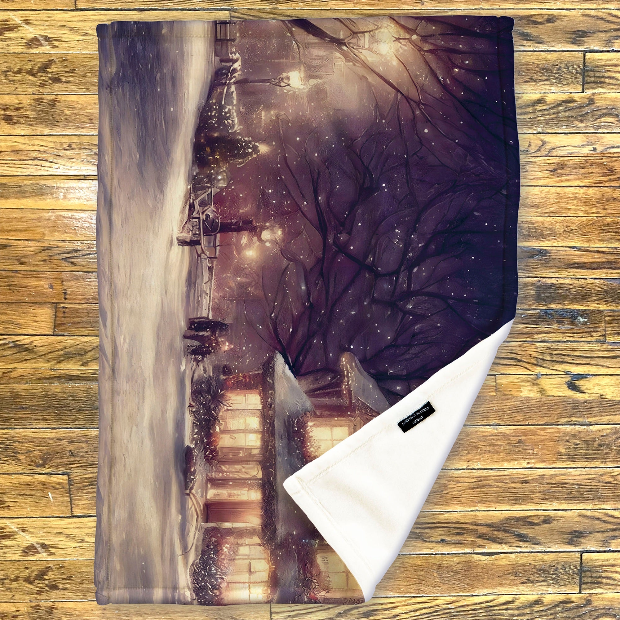 American Blanket Company - Luster Loft Fleece Blanket - Printed Holiday Throw Blanket - Fleece blanket with a winter scene of a house and trees on a wooden surface