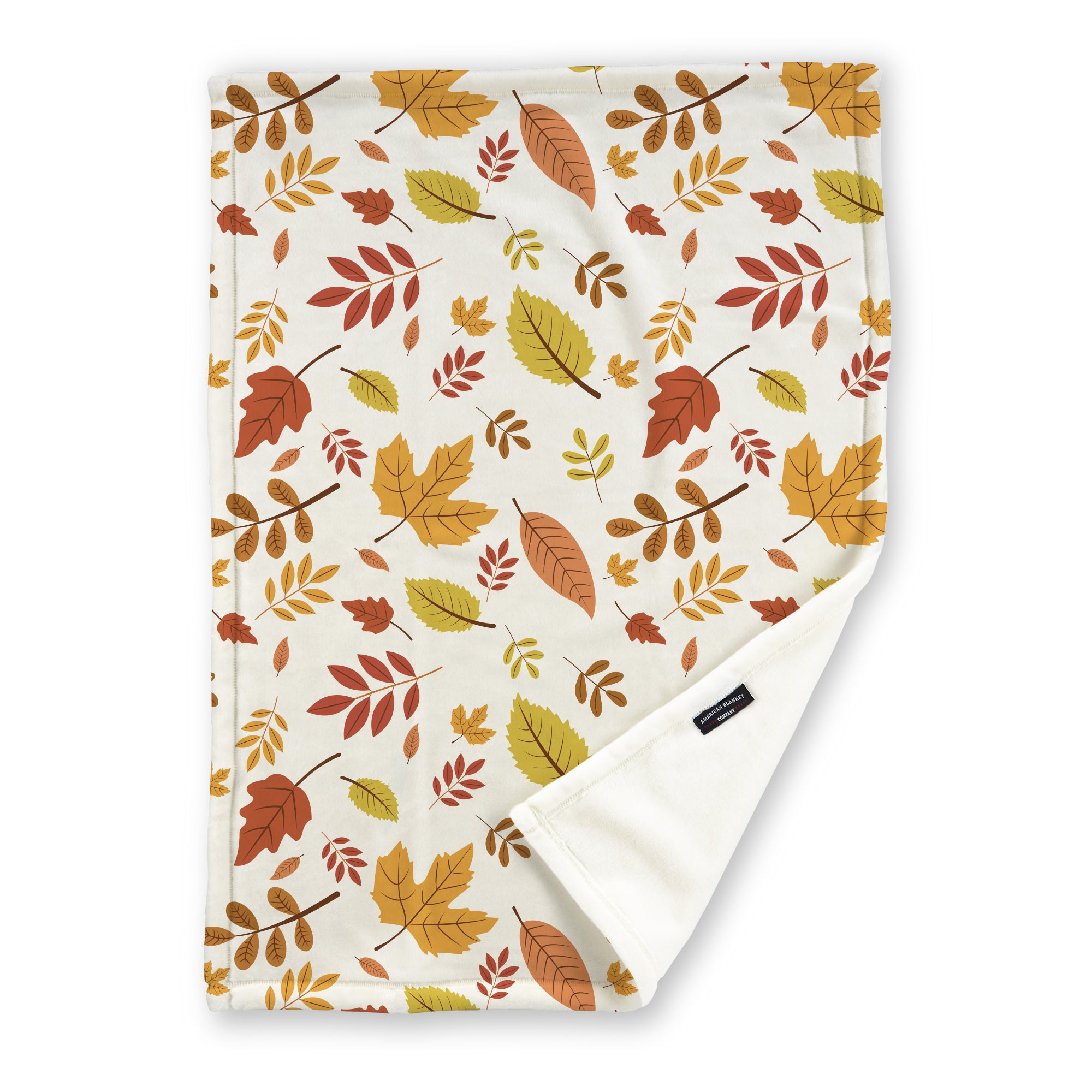 American Blanket Company - Luster Loft Fleece Blanket - Printed Fall Patterned Throw Blanket - A fleece throw blanket with a fall-themed printed pattern on a white background with leaves, folded to show the reverse side.
