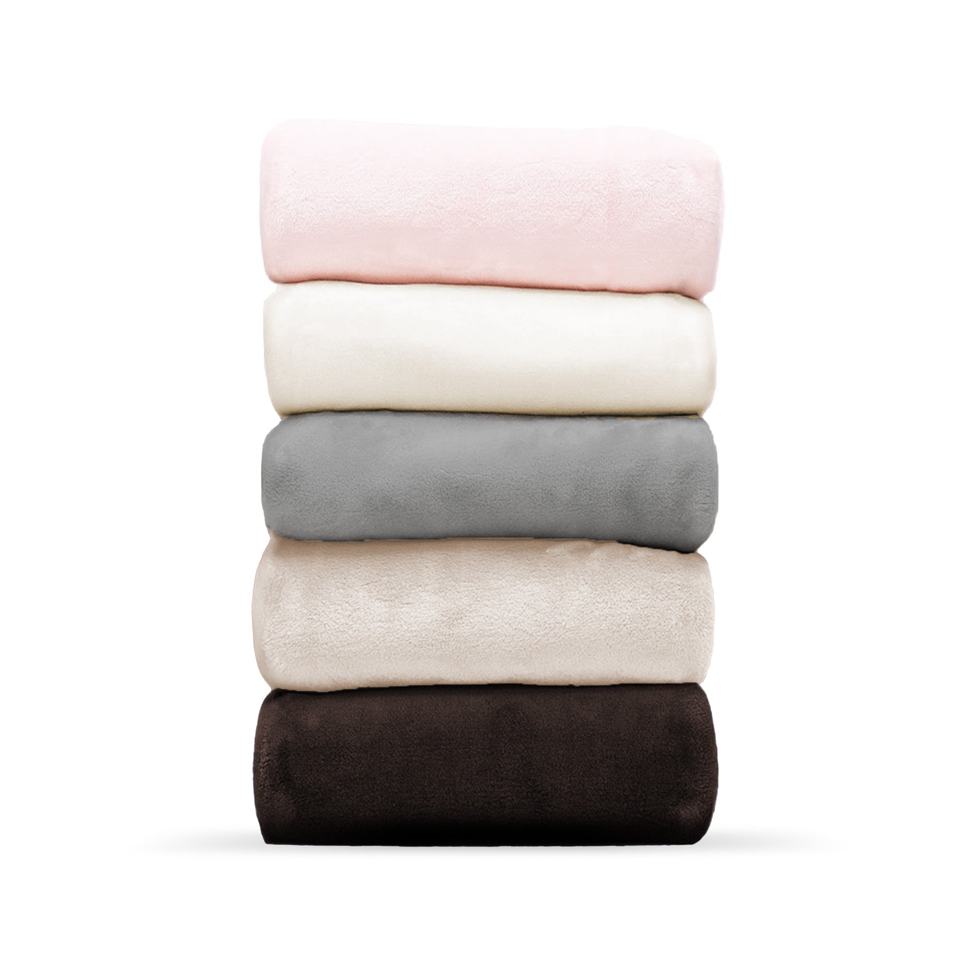 American Blanket Company - Luster Loft Fleece Oversized Fleece Blankets -  stacks of five colors pink, white, gray, mushroom, chocolate brown