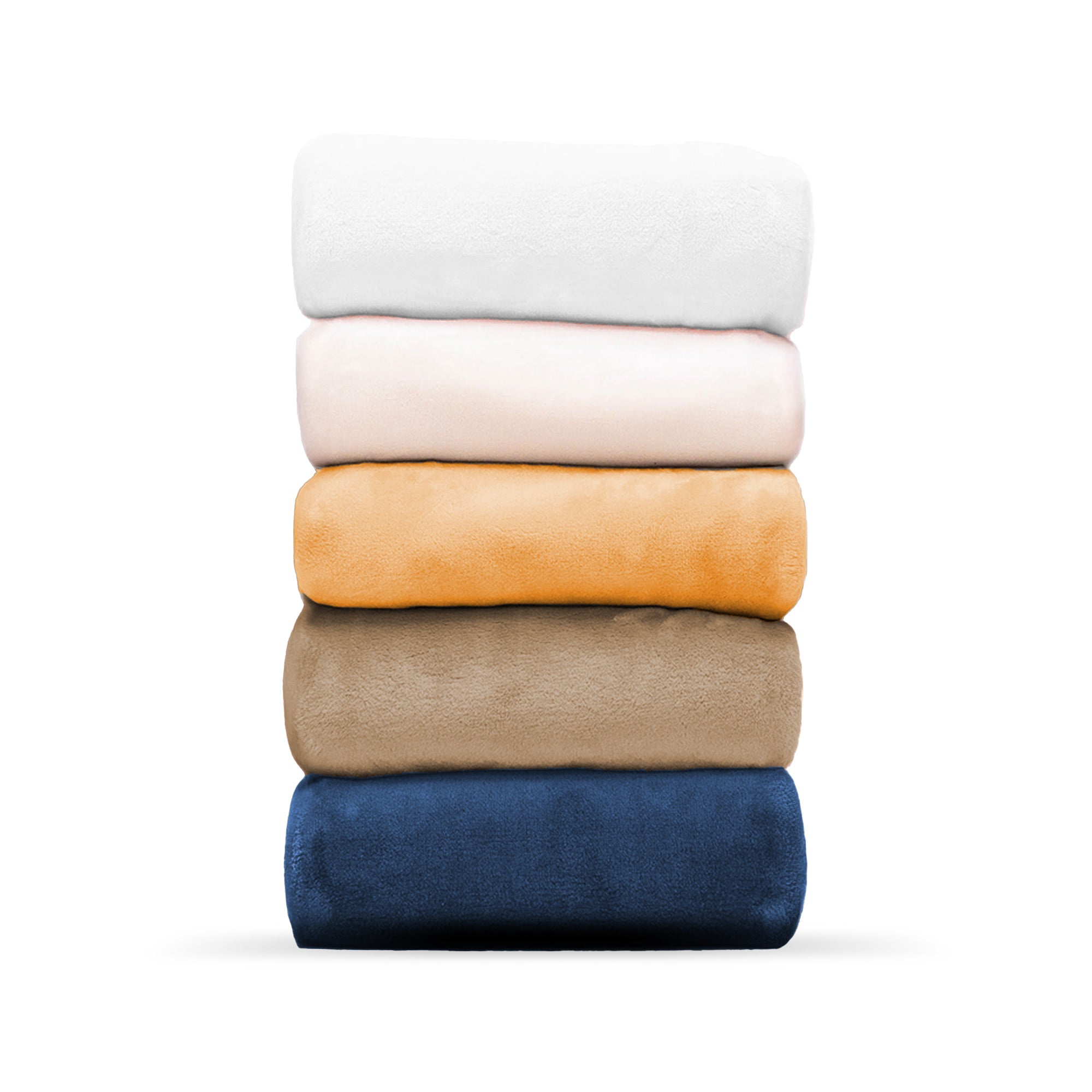 American Blanket Company - Luster Loft Fleece Oversized Fleece Blankets - stacks of five colors light gray, cotton ball, peachfuzz, latte, and atlantic blue
