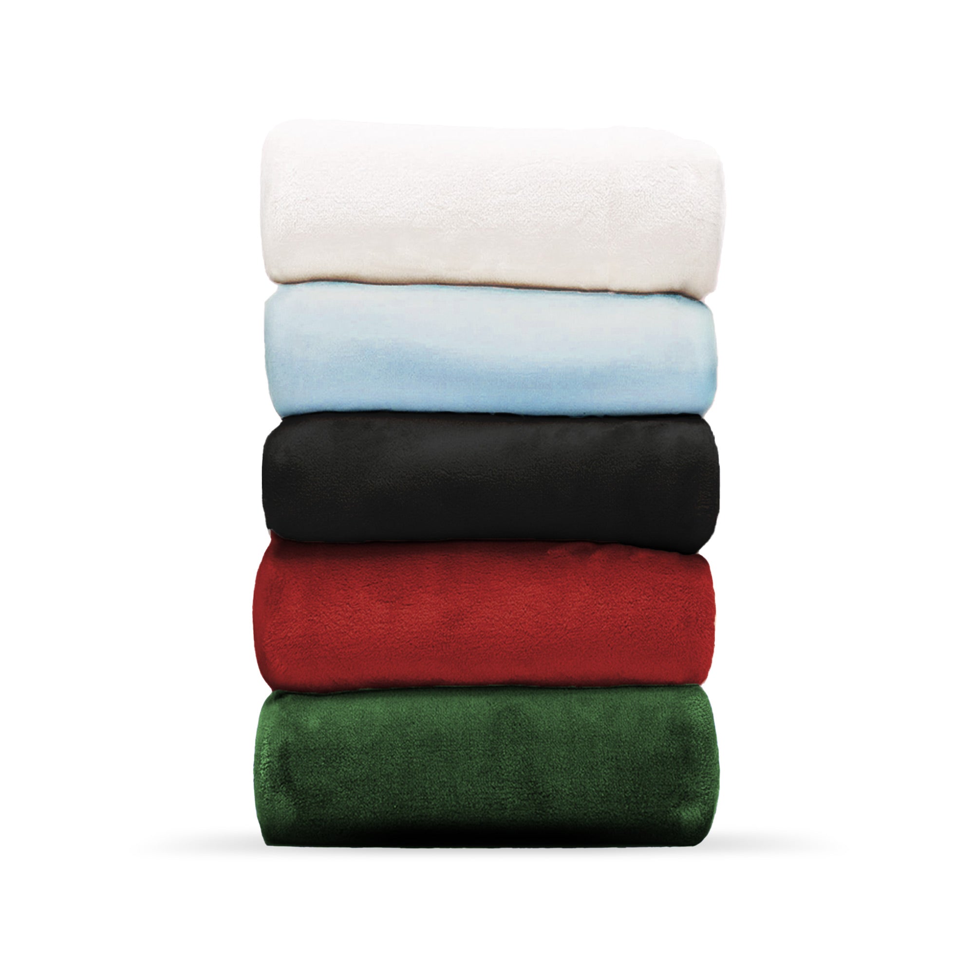 American Blanket Company - Luster Loft Fleece Oversized Fleece Blankets -  stacks of five colors pure white, light blue, black, red, and green