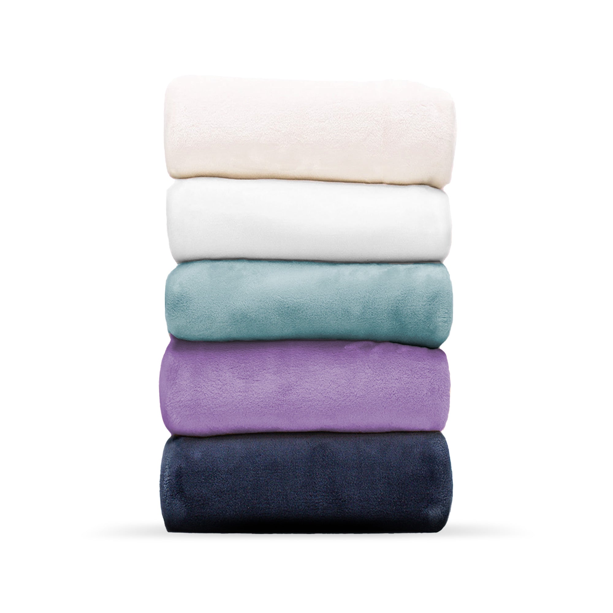 American Blanket Company - Luster Loft Fleece Oversized Fleece Blankets -  stacks of five colors cream, white, teal, purple, and navy